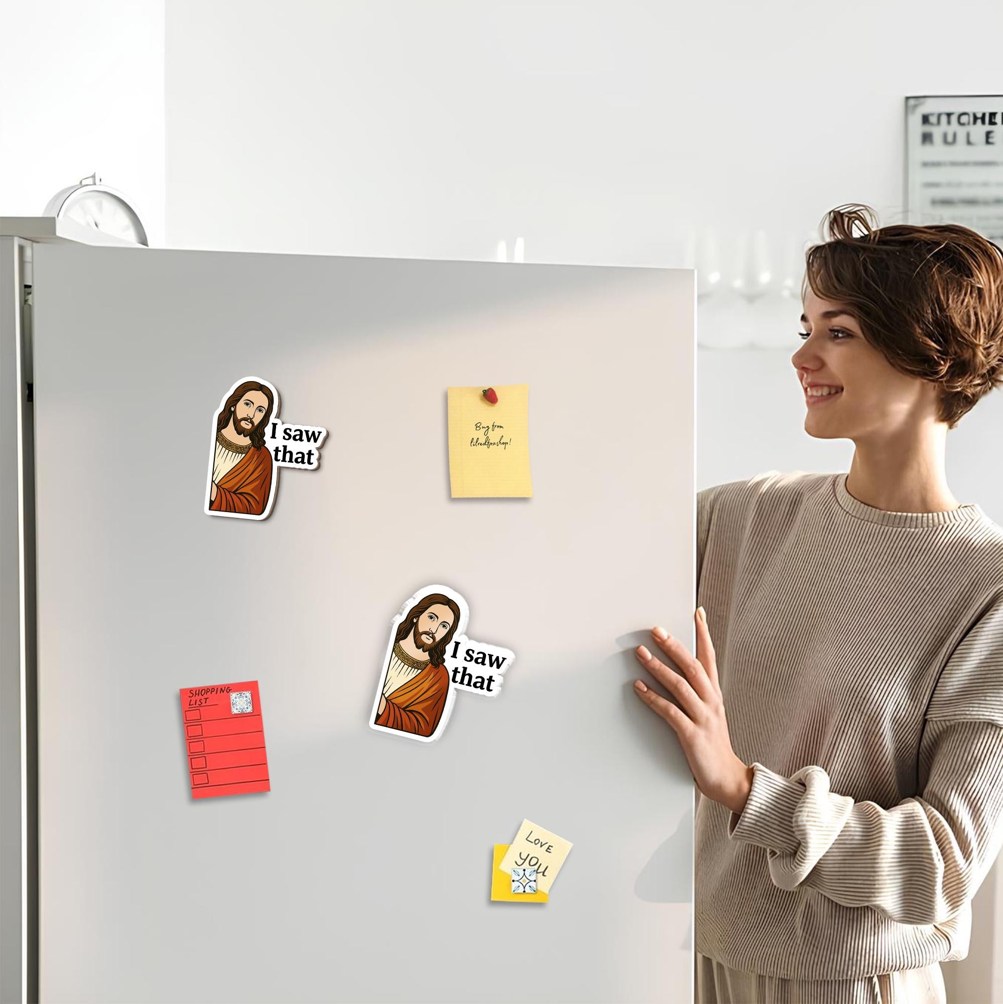 Funny Jesus Fridge Magnet, "I Saw That" Religious Humor Decor, Christian Gag Gift, Faith-Based Sticker Magnet for Kitchen or Office, For Mom