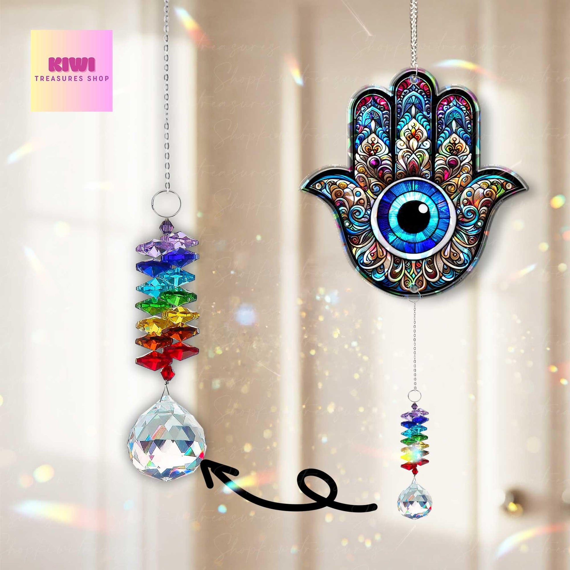 Hamsa Suncatcher Gift for Spiritual Mom – Holographic Window Charm with Crystals – Mother's Day Gift for Chakra & Energy Healing Moms