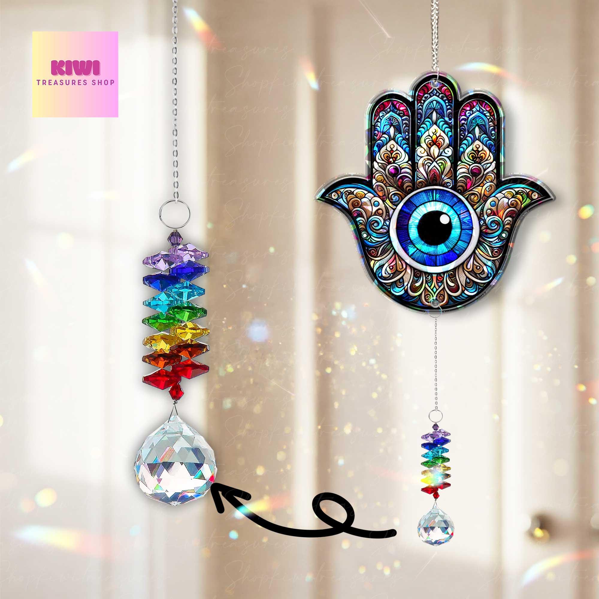 Hamsa Suncatcher Gift for Spiritual Mom – Holographic Window Charm with Crystals – Mother's Day Gift for Chakra & Energy Healing Moms