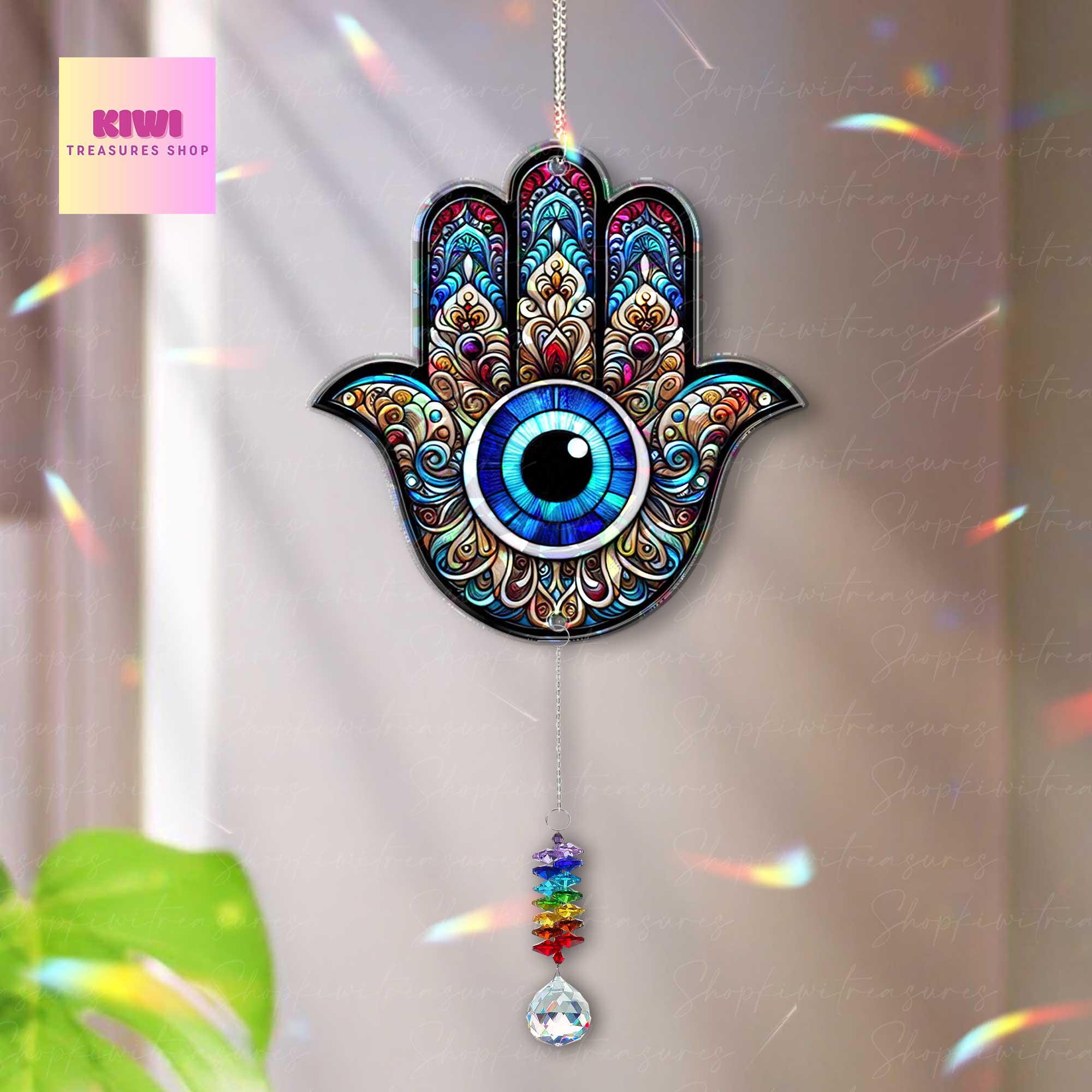 Hamsa Suncatcher Gift for Spiritual Mom – Holographic Window Charm with Crystals – Mother's Day Gift for Chakra & Energy Healing Moms