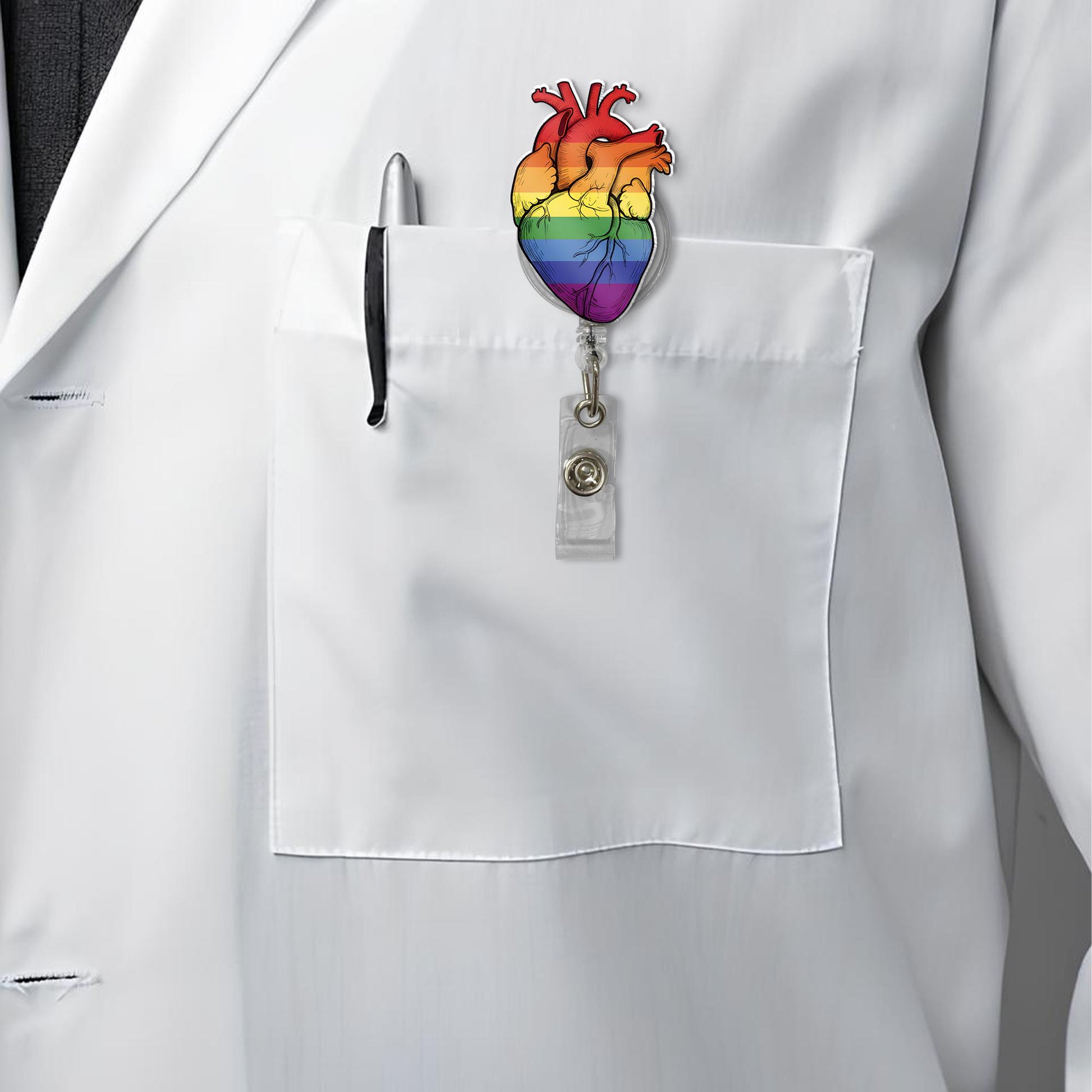 Rainbow Anatomical Heart Badge Reel, LGBTQ Nurse Gift, Pride ID Holder, Queer Medical Accessory, Nurse Gift, Colorful Heart Retractable Reel