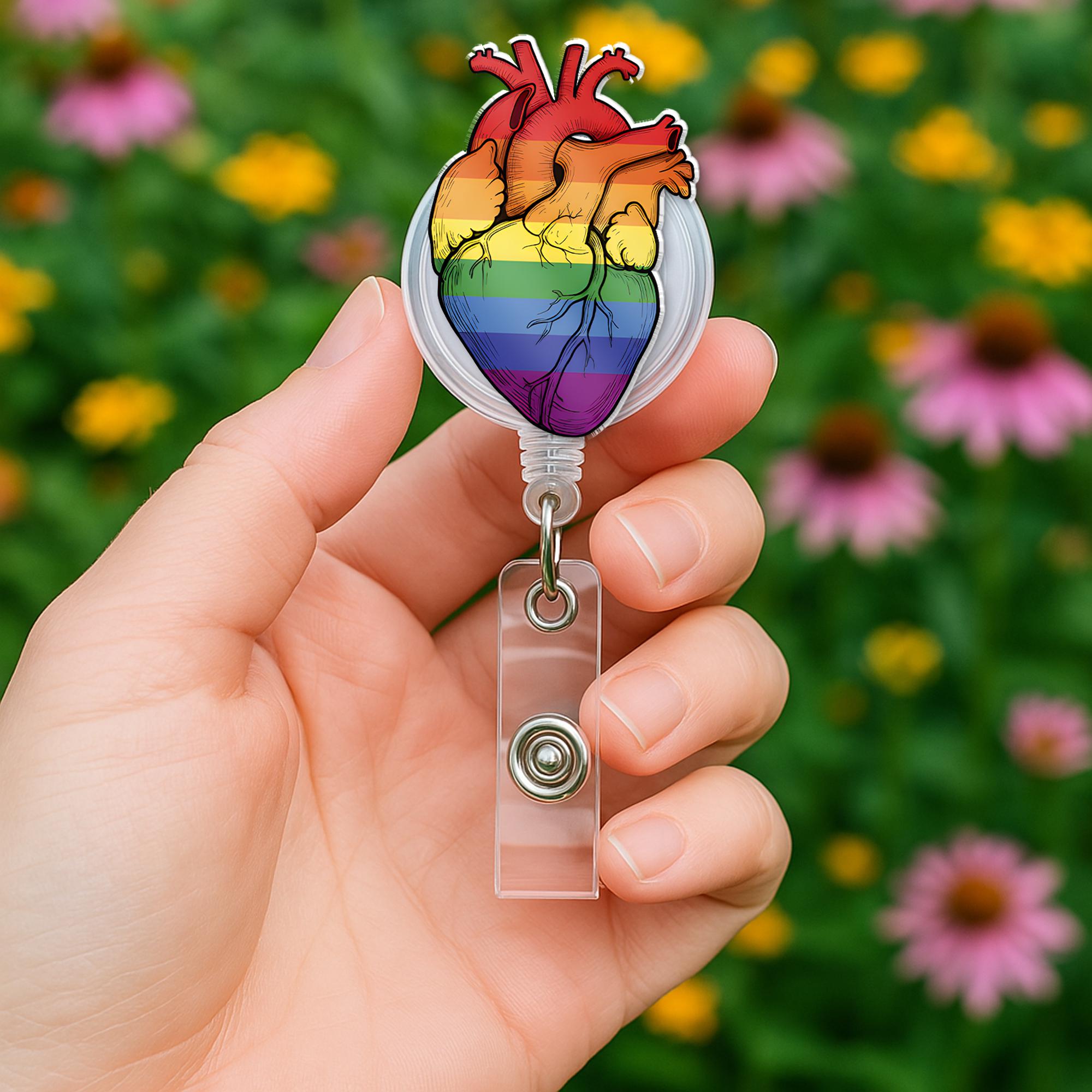 Rainbow Anatomical Heart Badge Reel, LGBTQ Nurse Gift, Pride ID Holder, Queer Medical Accessory, Nurse Gift, Colorful Heart Retractable Reel