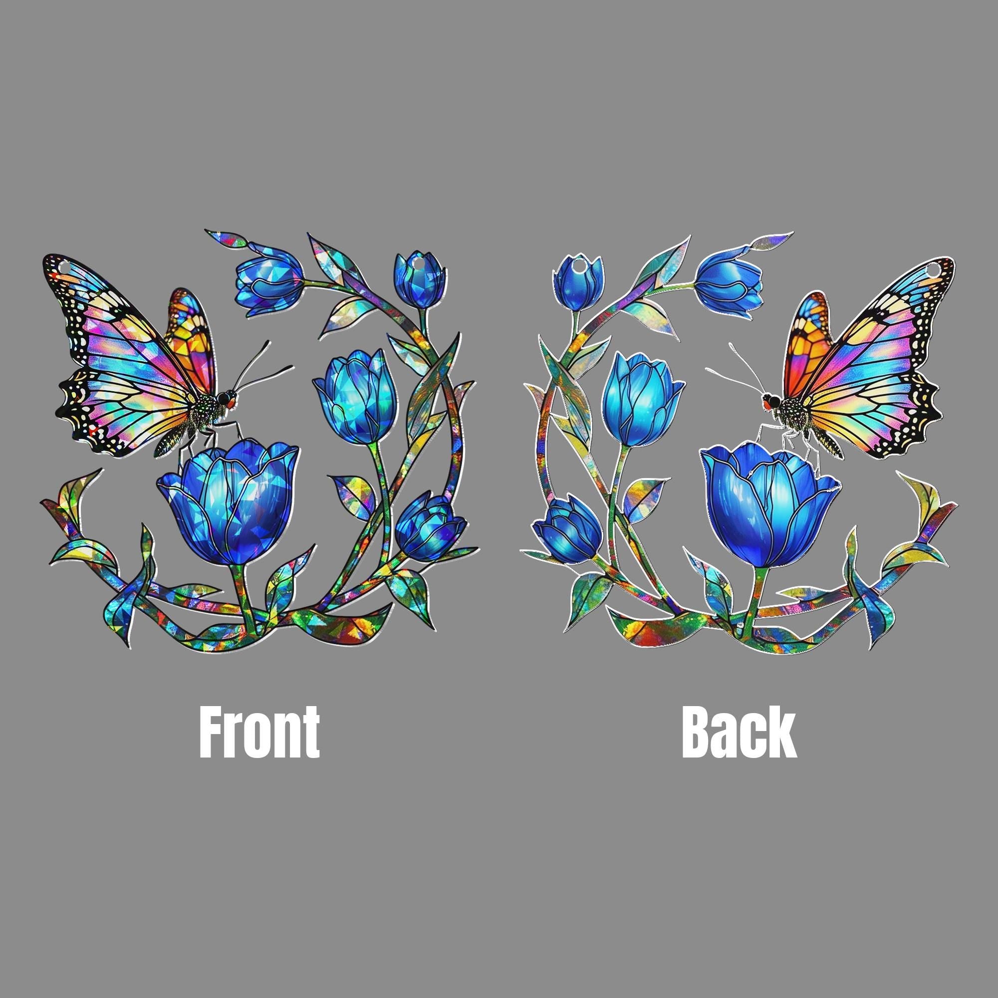 Hologram Butterfly & Blue Tulip Acrylic Window Hanging Ornament, Colorful Floral Window Decor, Nature Lover Spring Gift Idea,Butterfly Lover