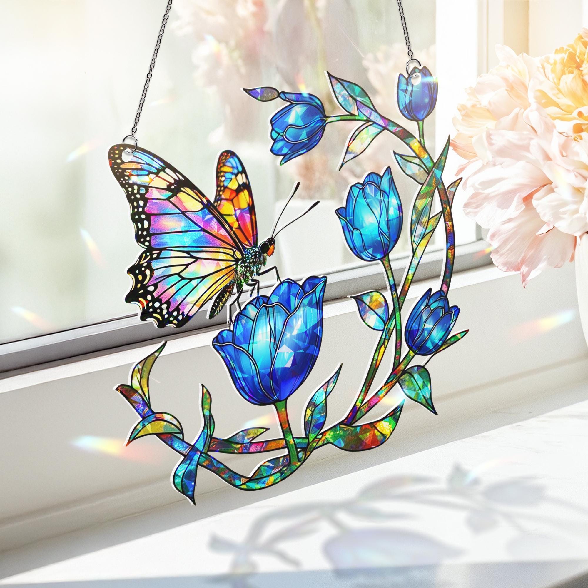 Hologram Butterfly & Blue Tulip Acrylic Window Hanging Ornament, Colorful Floral Window Decor, Nature Lover Spring Gift Idea,Butterfly Lover