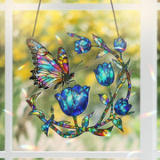 Hologram Butterfly & Blue Tulip Acrylic Window Hanging Ornament, Colorful Floral Window Decor, Nature Lover Spring Gift Idea,Butterfly Lover