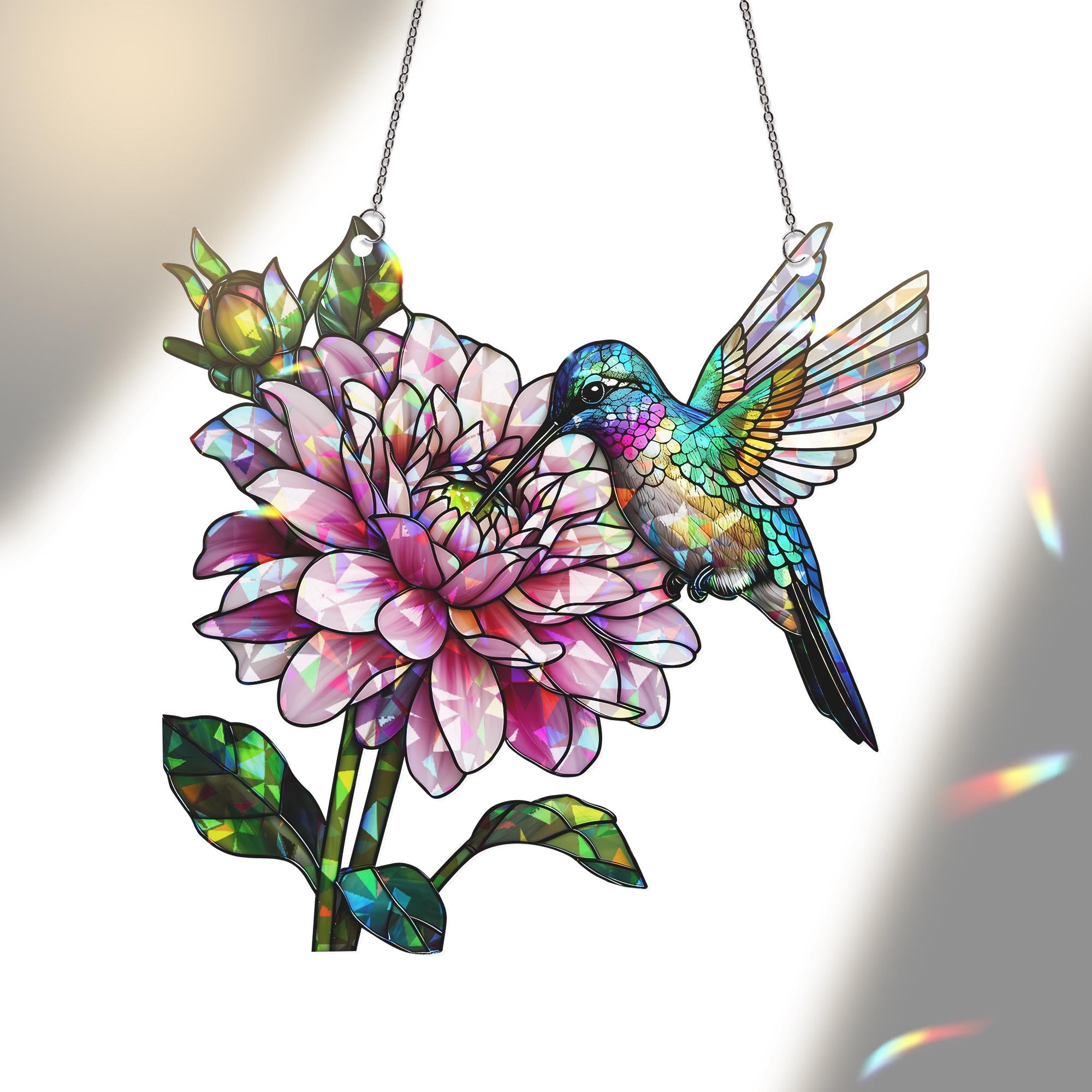 Hologram Hummingbird & Dahlia Flower Acrylic Window Hanging Ornament, Bird Nature Lover Decor Gift, Floral Home Decor, Nature Lover Gift