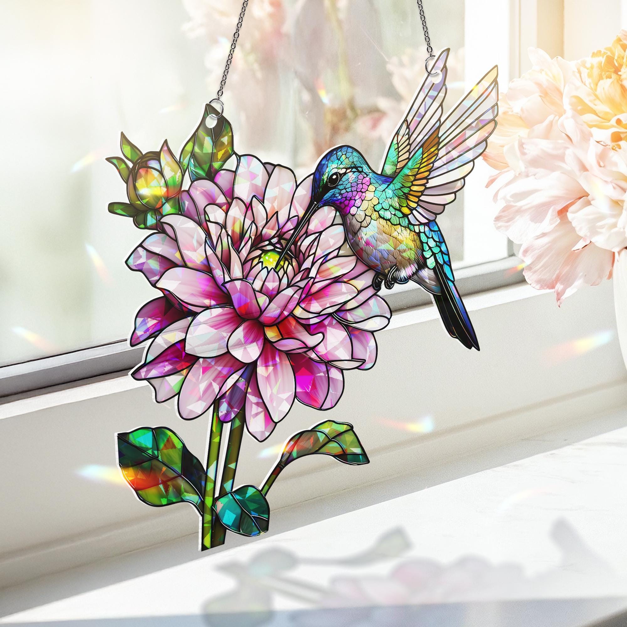 Hologram Hummingbird & Dahlia Flower Acrylic Window Hanging Ornament, Bird Nature Lover Decor Gift, Floral Home Decor, Nature Lover Gift