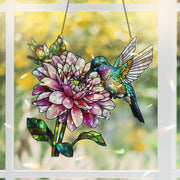 Hologram Hummingbird & Dahlia Flower Acrylic Window Hanging Ornament, Bird Nature Lover Decor Gift, Floral Home Decor, Nature Lover Gift