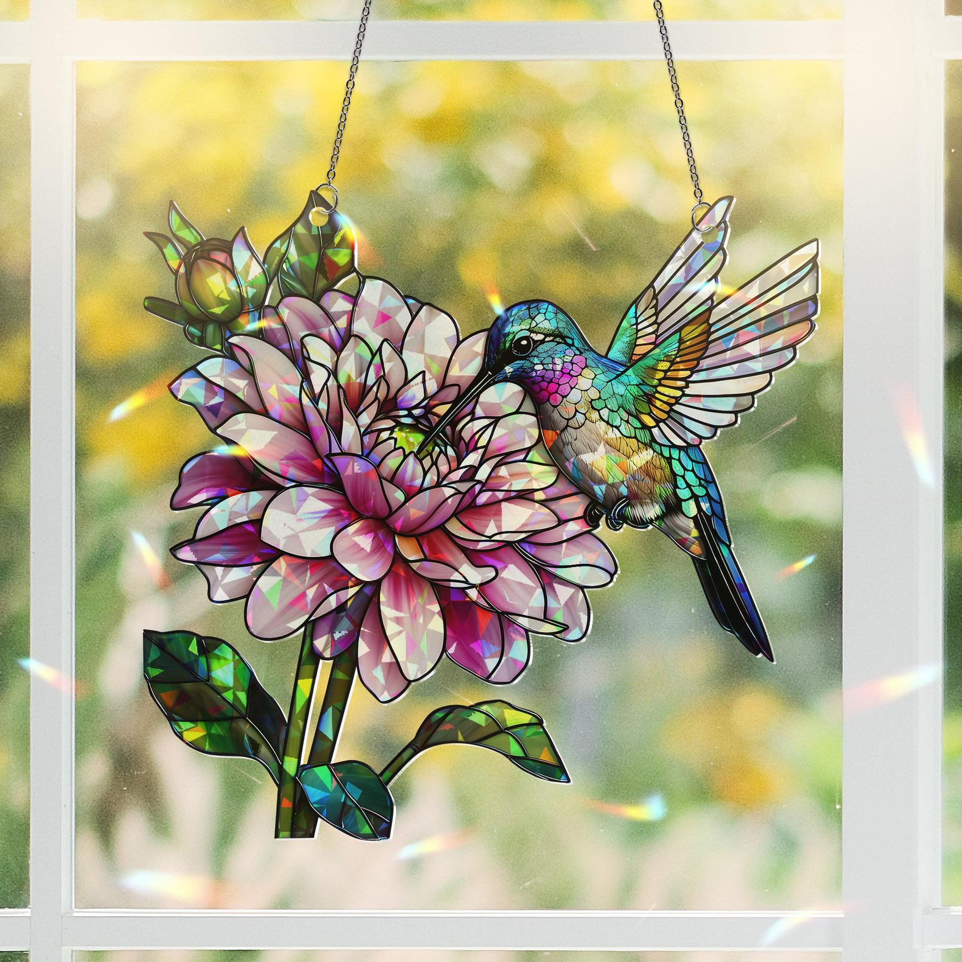 Hologram Hummingbird & Dahlia Flower Acrylic Window Hanging Ornament, Bird Nature Lover Decor Gift, Floral Home Decor, Nature Lover Gift