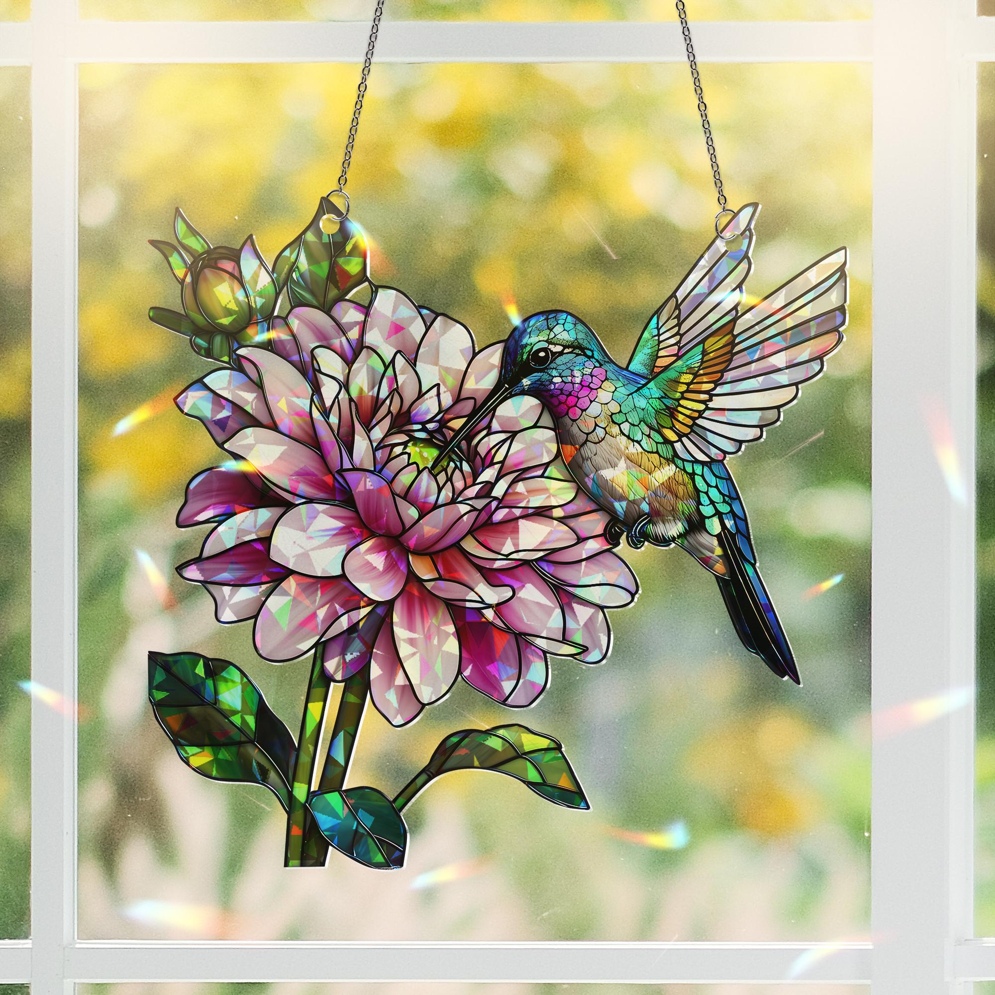 Hologram Hummingbird & Dahlia Flower Acrylic Window Hanging Ornament, Bird Nature Lover Decor Gift, Floral Home Decor, Nature Lover Gift