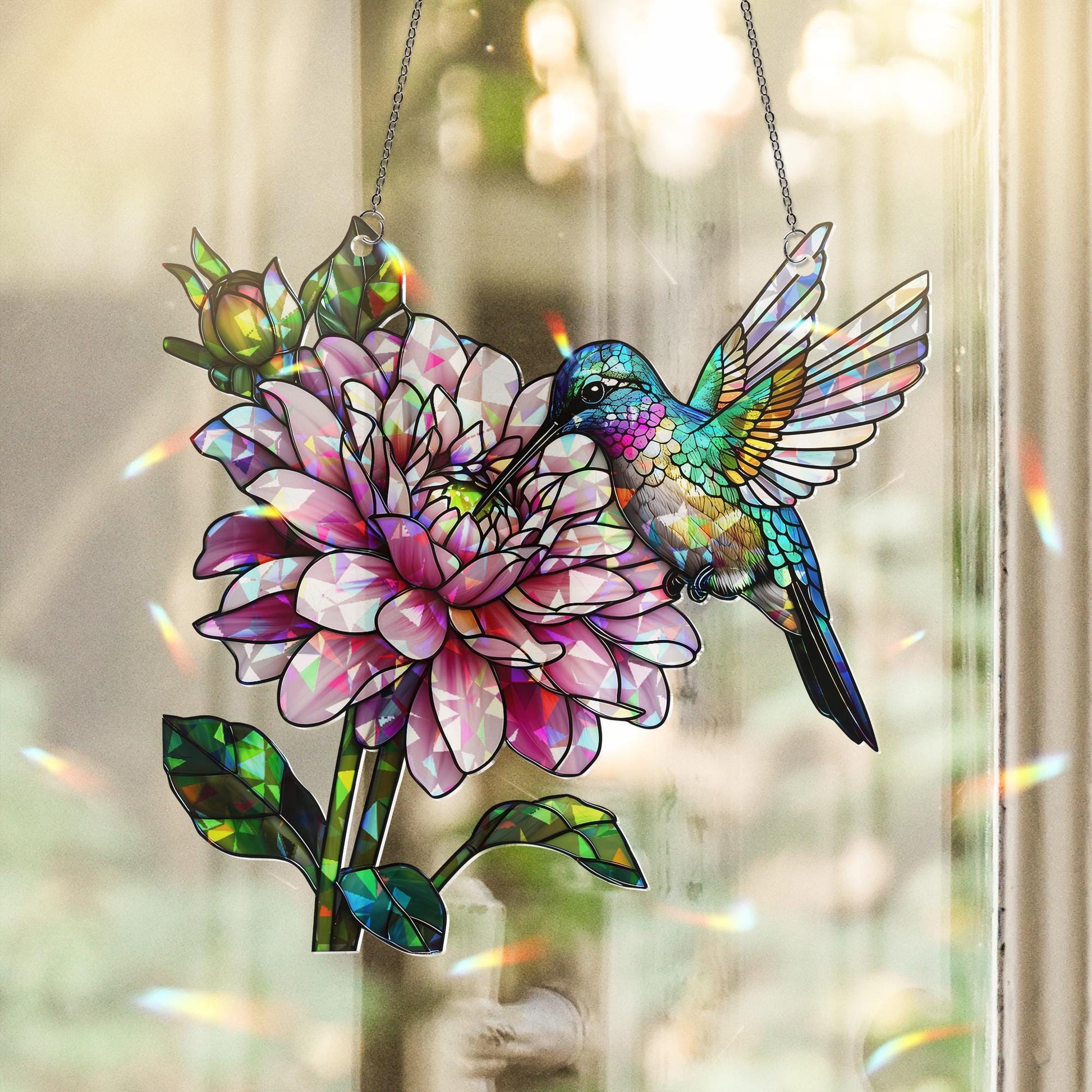 Hologram Hummingbird & Dahlia Flower Acrylic Window Hanging Ornament, Bird Nature Lover Decor Gift, Floral Home Decor, Nature Lover Gift