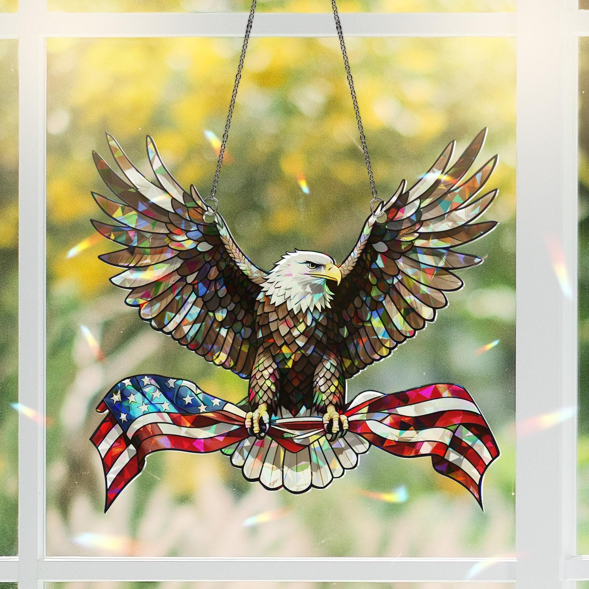 Hologram Patriotic Bald Eagle Acrylic Window Hanging Ornament , 4th of July Gift Idea, USA Decor