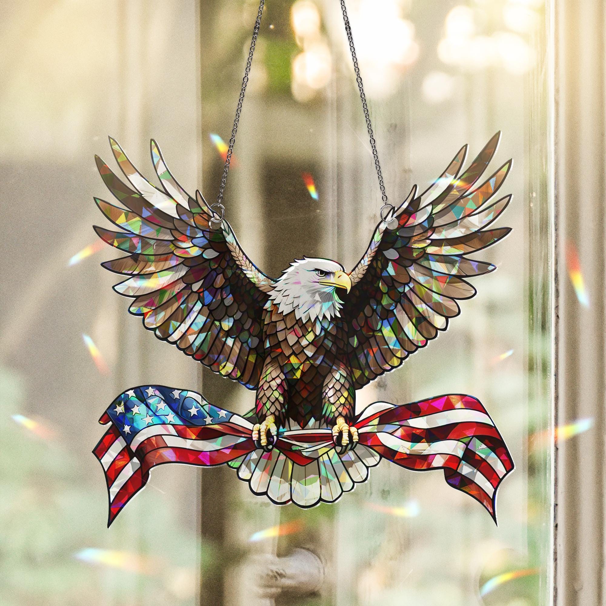 Hologram Patriotic Bald Eagle Acrylic Window Hanging Ornament , 4th of July Gift Idea, USA Decor