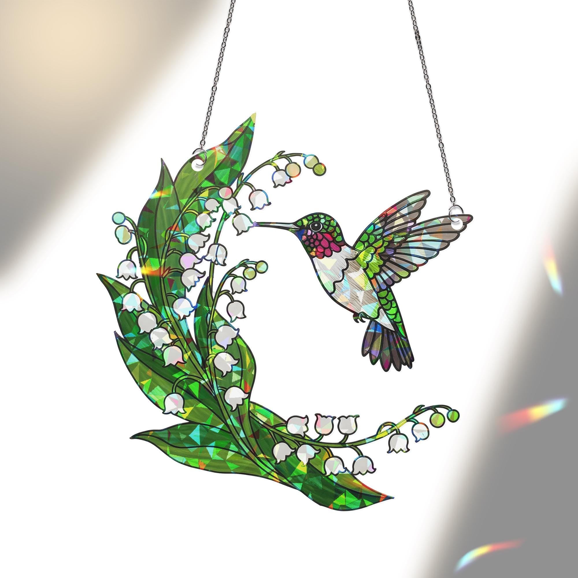 Hummingbird & Lily of the Valley Acrylic Window Hanging Ornament, Floral Bird Art Home Decor Gift Idea, Nature Lover Decor Gift