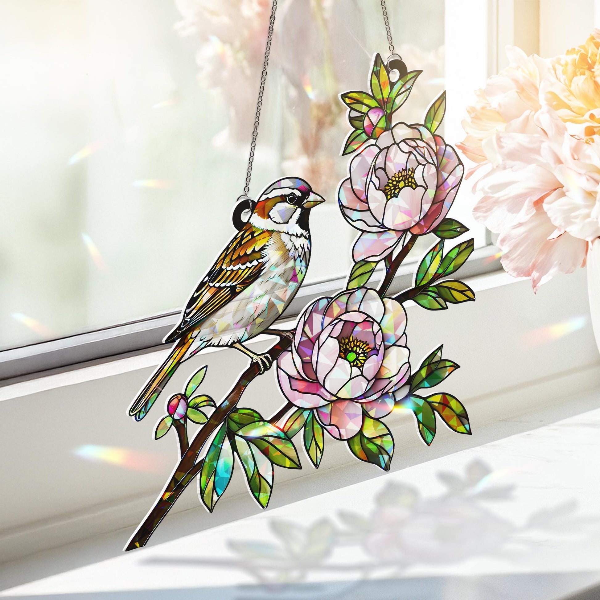 Sparrow Bird & Peony Flower Acrylic Window Hanging Ornament, Nature Lover Floral Home Decor Art Gift, Birth Flower Gift