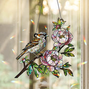 Sparrow Bird & Peony Flower Acrylic Window Hanging Ornament, Nature Lover Floral Home Decor Art Gift, Birth Flower Gift