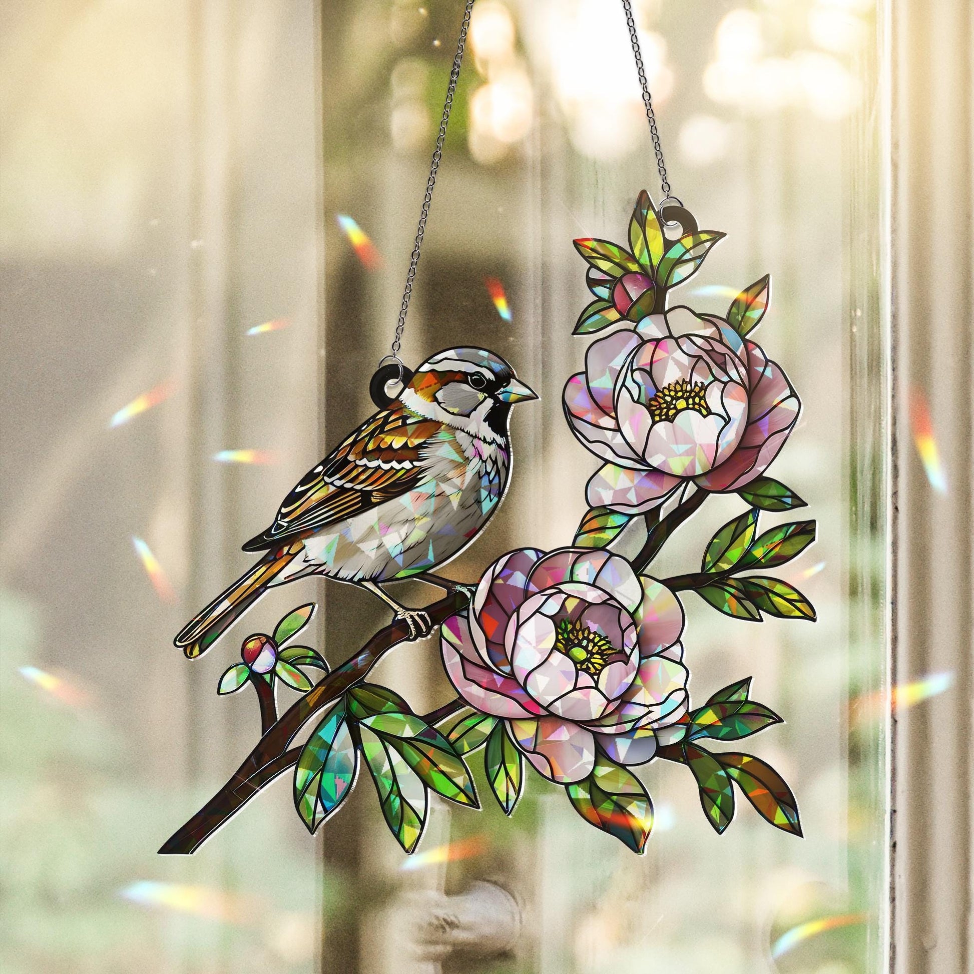 Sparrow Bird & Peony Flower Acrylic Window Hanging Ornament, Nature Lover Floral Home Decor Art Gift, Birth Flower Gift
