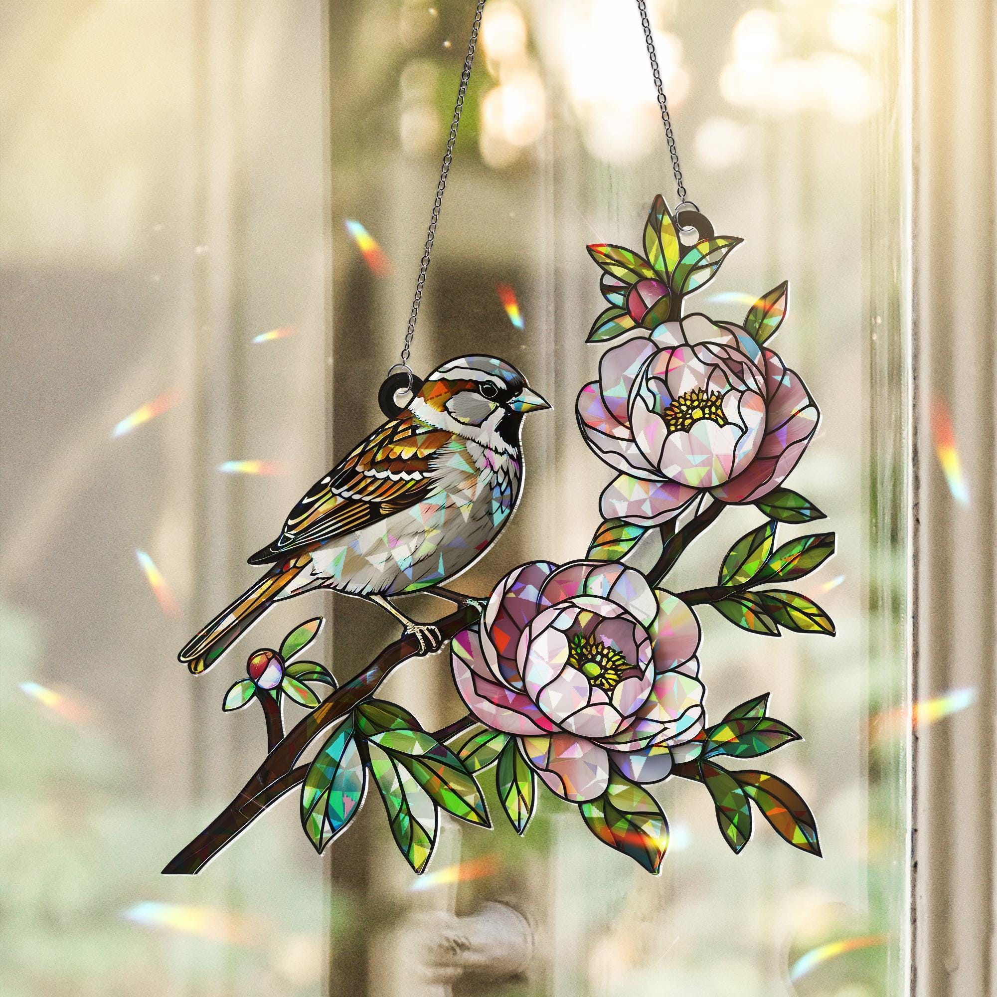 Sparrow Bird & Peony Flower Acrylic Window Hanging Ornament, Nature Lover Floral Home Decor Art Gift, Birth Flower Gift