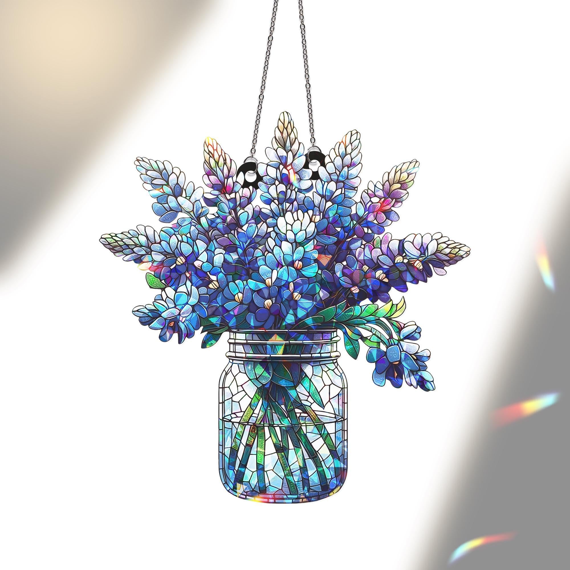 Bluebonnet Mason Jar Acrylic  Window Hanging, Floral Bouquet Ornament, Colorful Botanical Home Decor Art, Texas Gardener Gift
