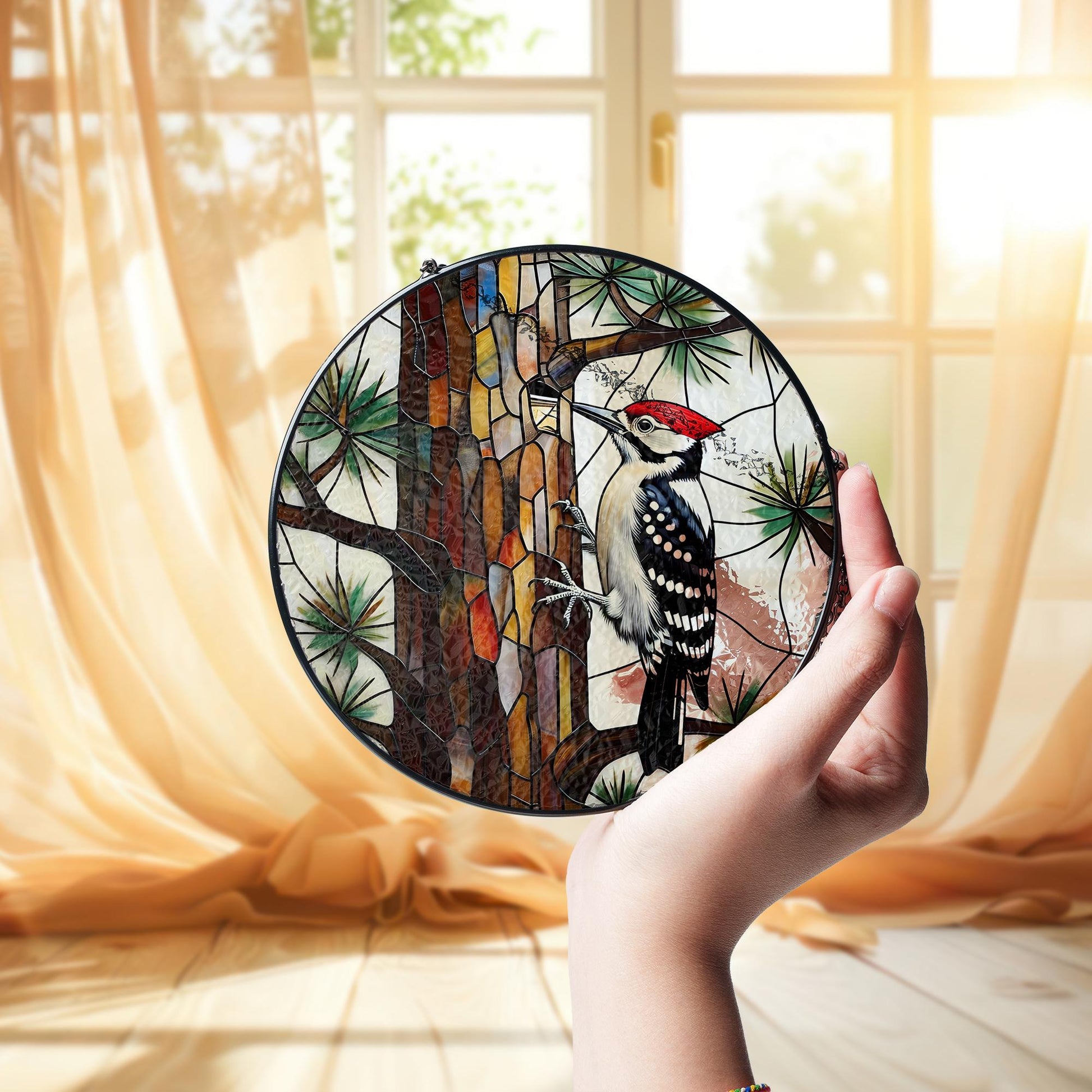 Woodpecker Glass Suncatcher Round Window Hanging, Tree Design Light Catcher, Nature Lover Home Decor Gift, Realistic Bird Art Decor