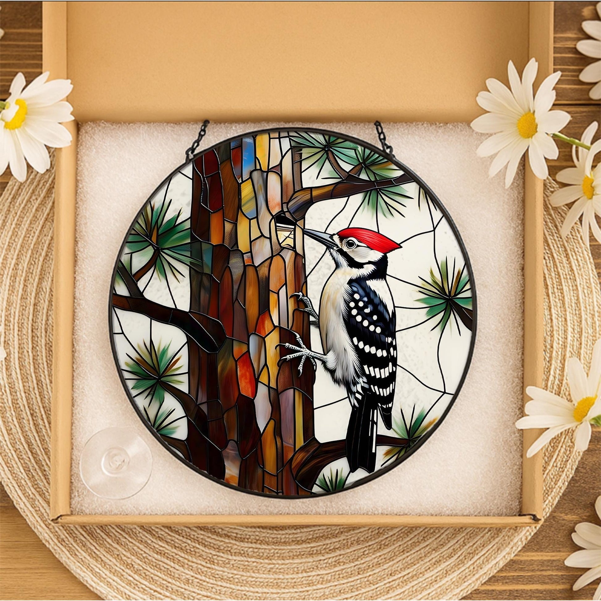 Woodpecker Glass Suncatcher Round Window Hanging, Tree Design Light Catcher, Nature Lover Home Decor Gift, Realistic Bird Art Decor