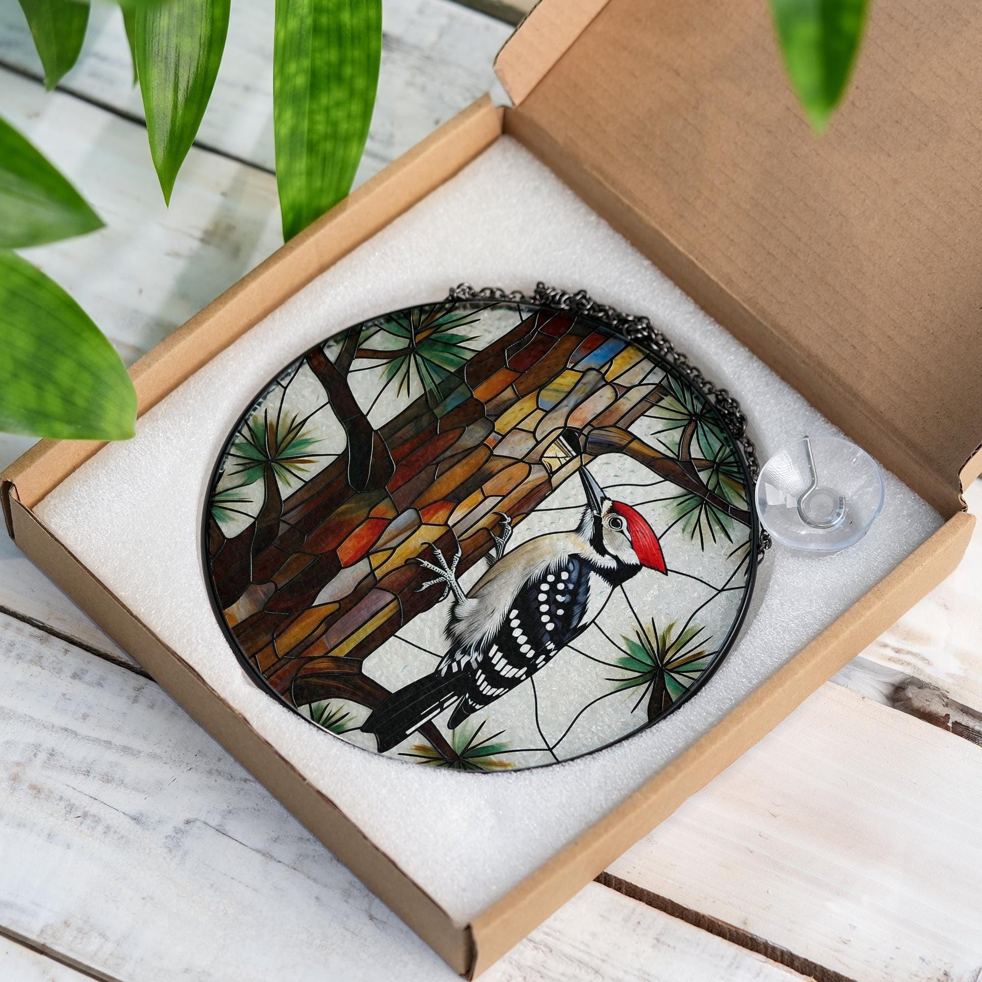 Woodpecker Glass Suncatcher Round Window Hanging, Tree Design Light Catcher, Nature Lover Home Decor Gift, Realistic Bird Art Decor