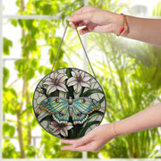 Luna Moth Suncatcher with Lilies Glass Suncatcher, Round Window Hanging Panel, Floral Insect Art, Nature Lover Garden Decor Gift