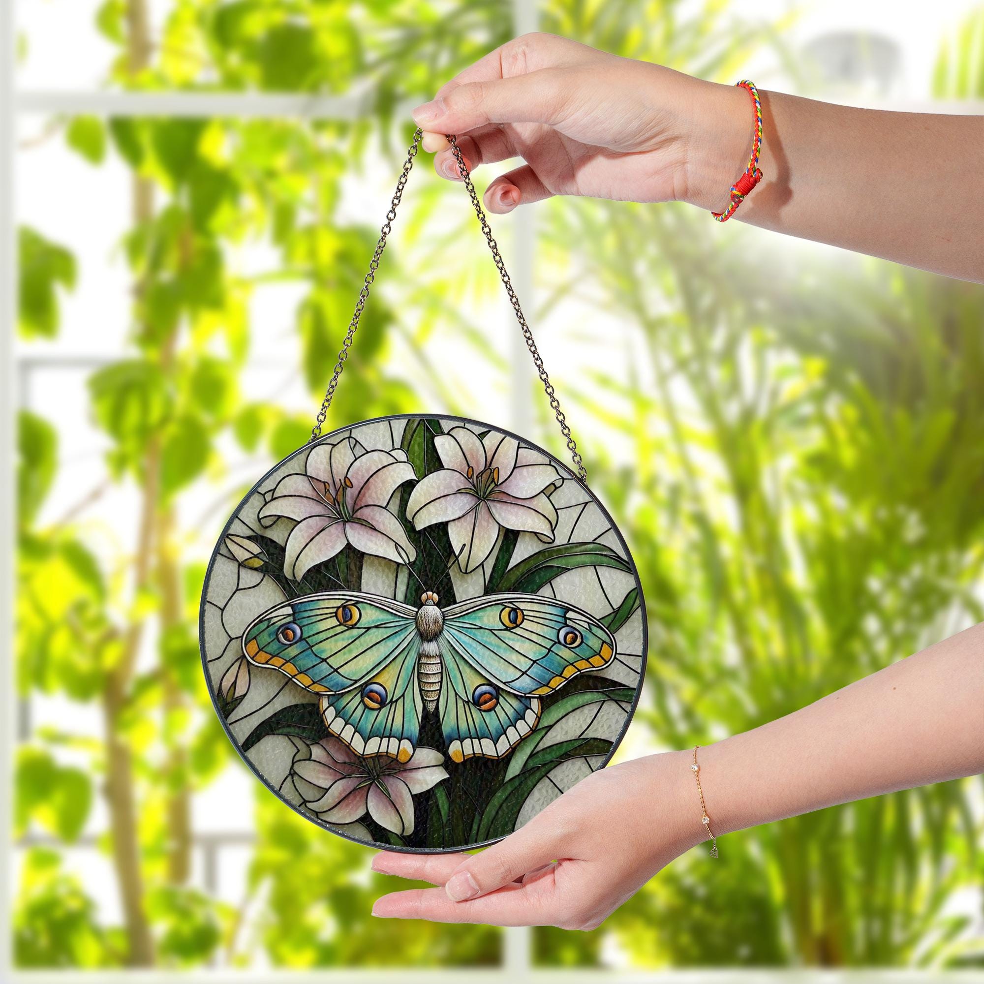 Luna Moth Suncatcher with Lilies Glass Suncatcher, Round Window Hanging Panel, Floral Insect Art, Nature Lover Garden Decor Gift