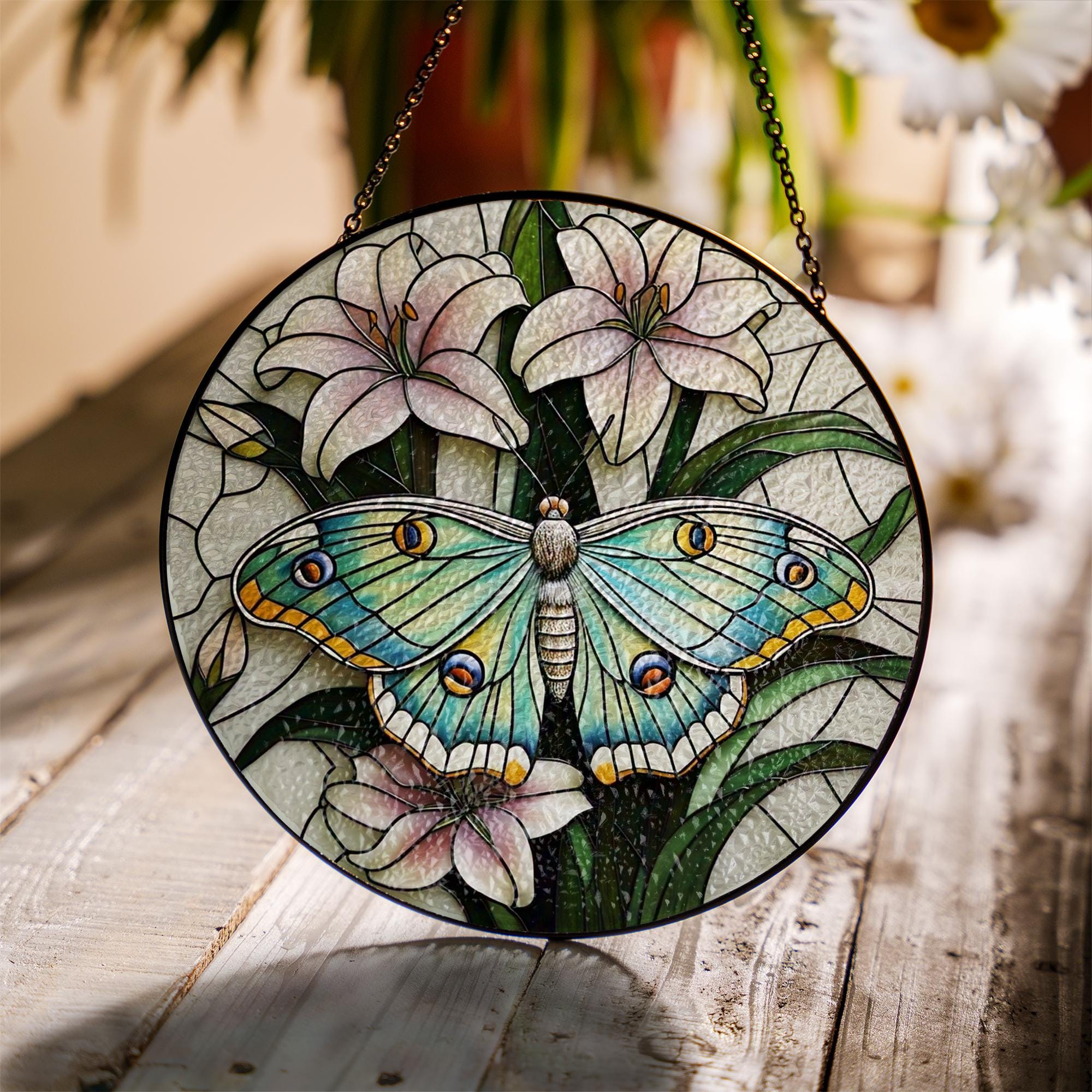 Luna Moth Suncatcher with Lilies Glass Suncatcher, Round Window Hanging Panel, Floral Insect Art, Nature Lover Garden Decor Gift