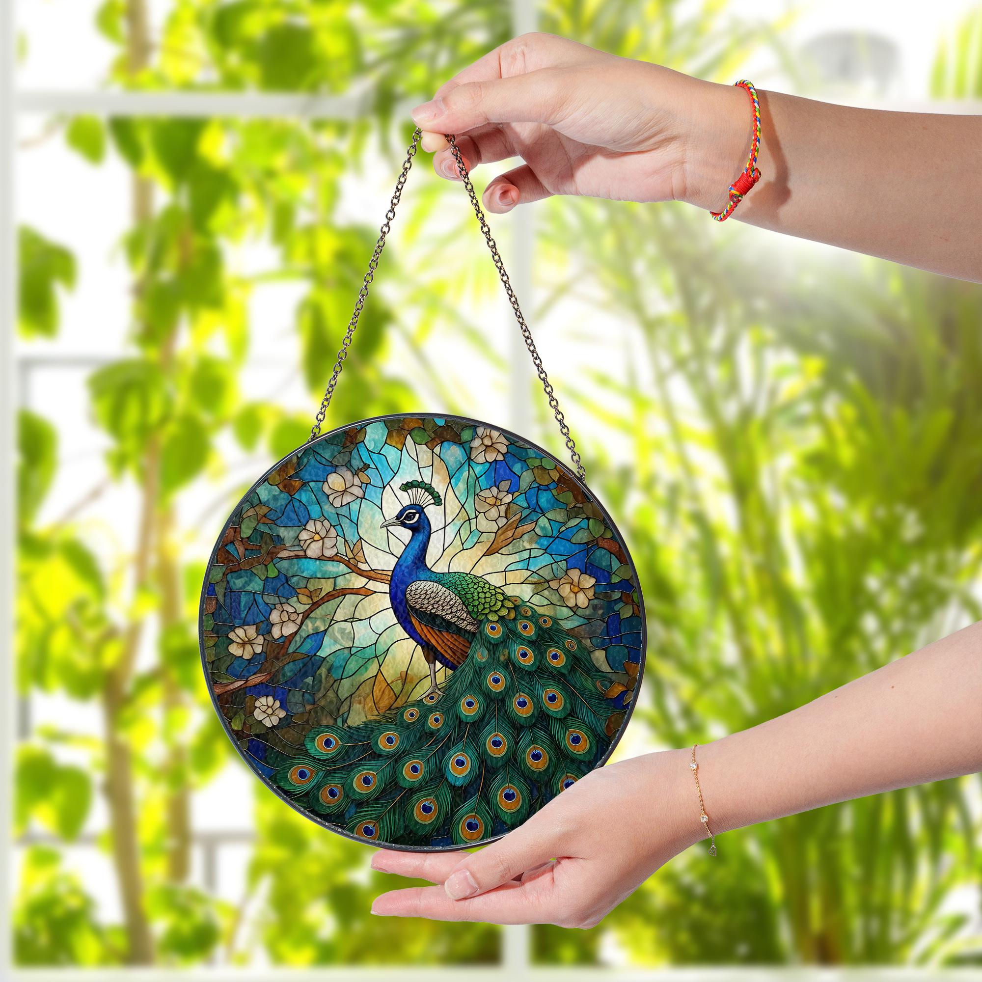 Peacock Glass Suncatcher, Round Window Hanging Art Panel, Colorful Bird Decor, Nature Lover Gift Idea, Colorful Nature Home Decor Art Gift