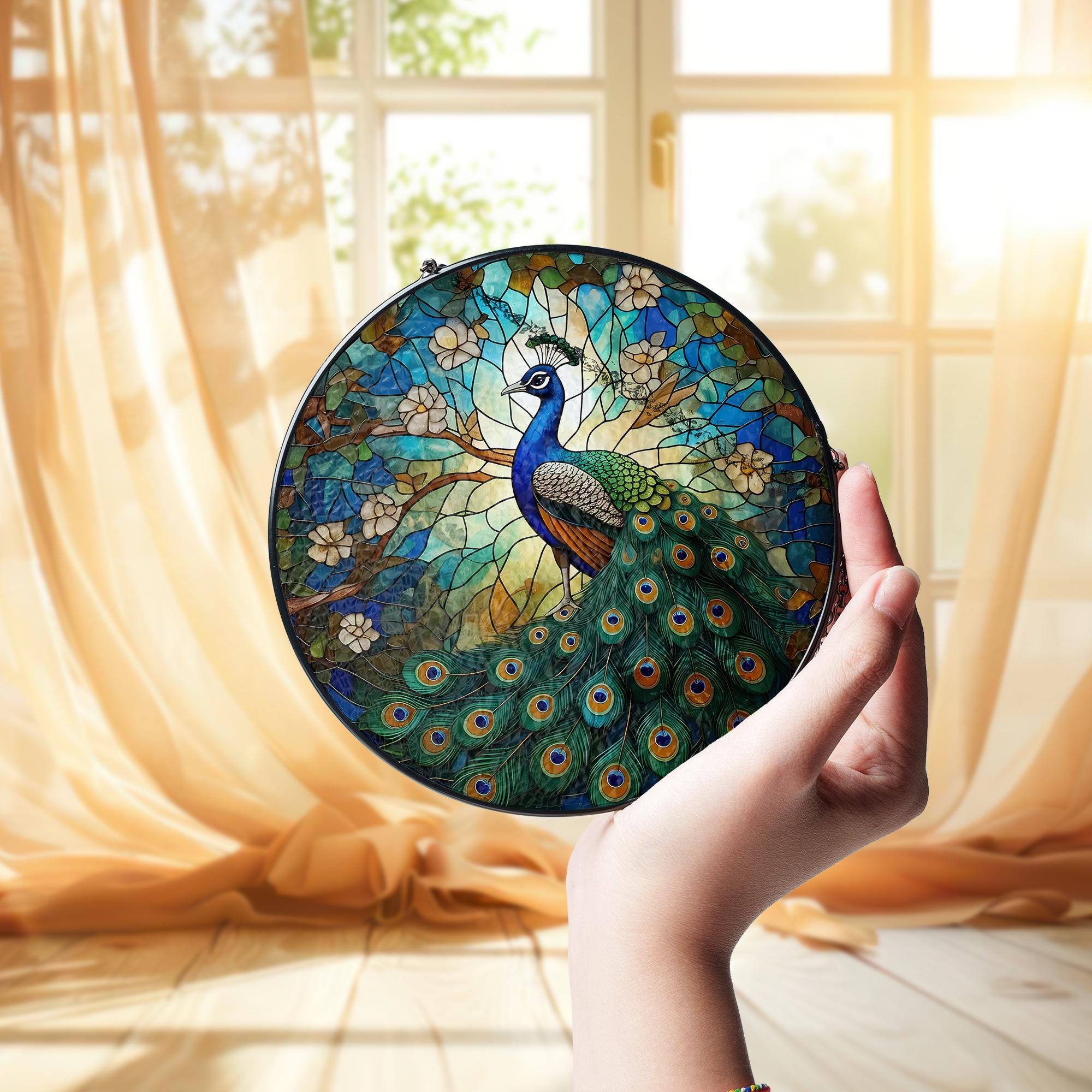 Peacock Glass Suncatcher, Round Window Hanging Art Panel, Colorful Bird Decor, Nature Lover Gift Idea, Colorful Nature Home Decor Art Gift