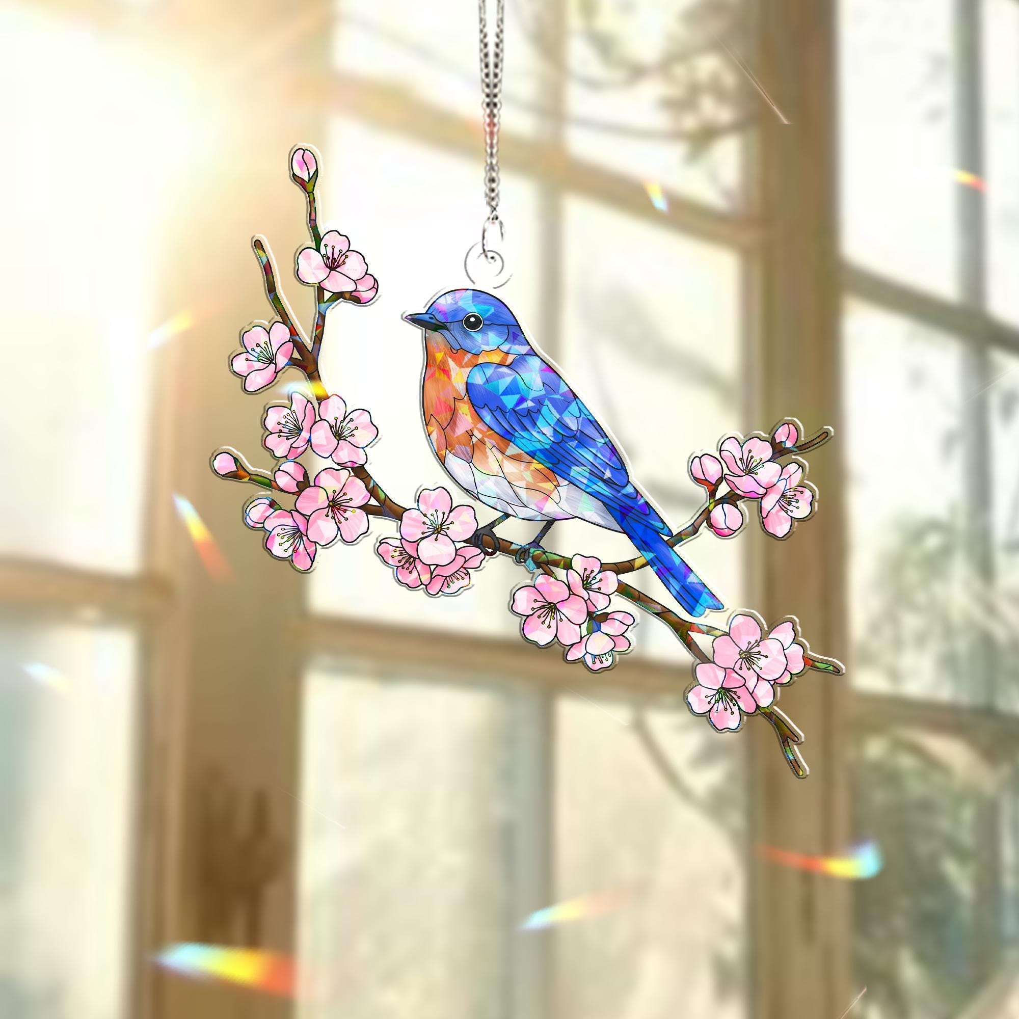 Bluejay with Cherry Blossoms Hologram Acrylic Window Hanging – Nature Bird Decor – Mother's Day Gift – Animal Lover Sun Catcher