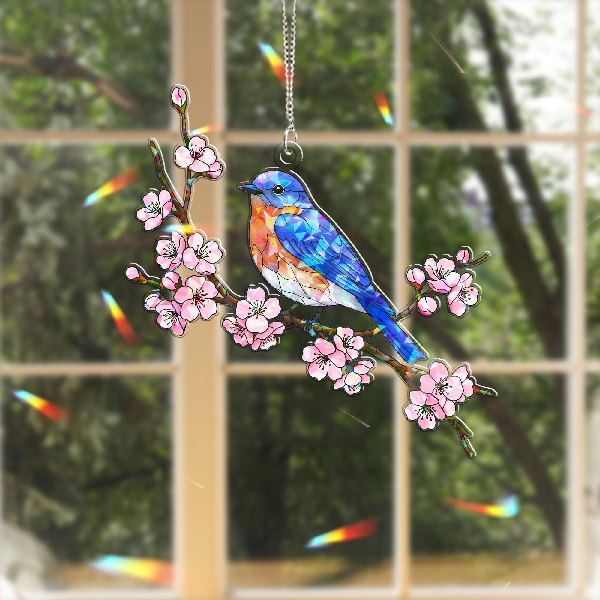 Bluejay with Cherry Blossoms Hologram Acrylic Window Hanging – Nature Bird Decor – Mother's Day Gift – Animal Lover Sun Catcher