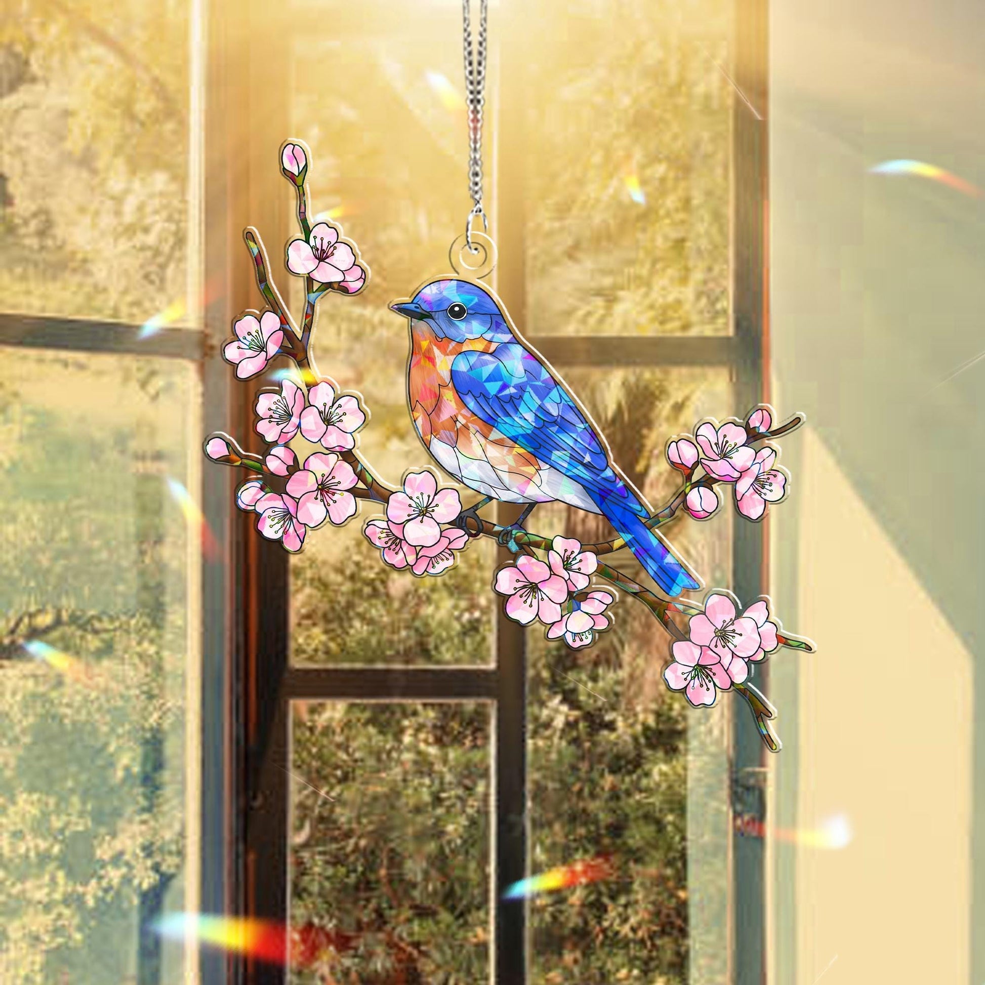 Bluejay with Cherry Blossoms Hologram Acrylic Window Hanging – Nature Bird Decor – Mother's Day Gift – Animal Lover Sun Catcher