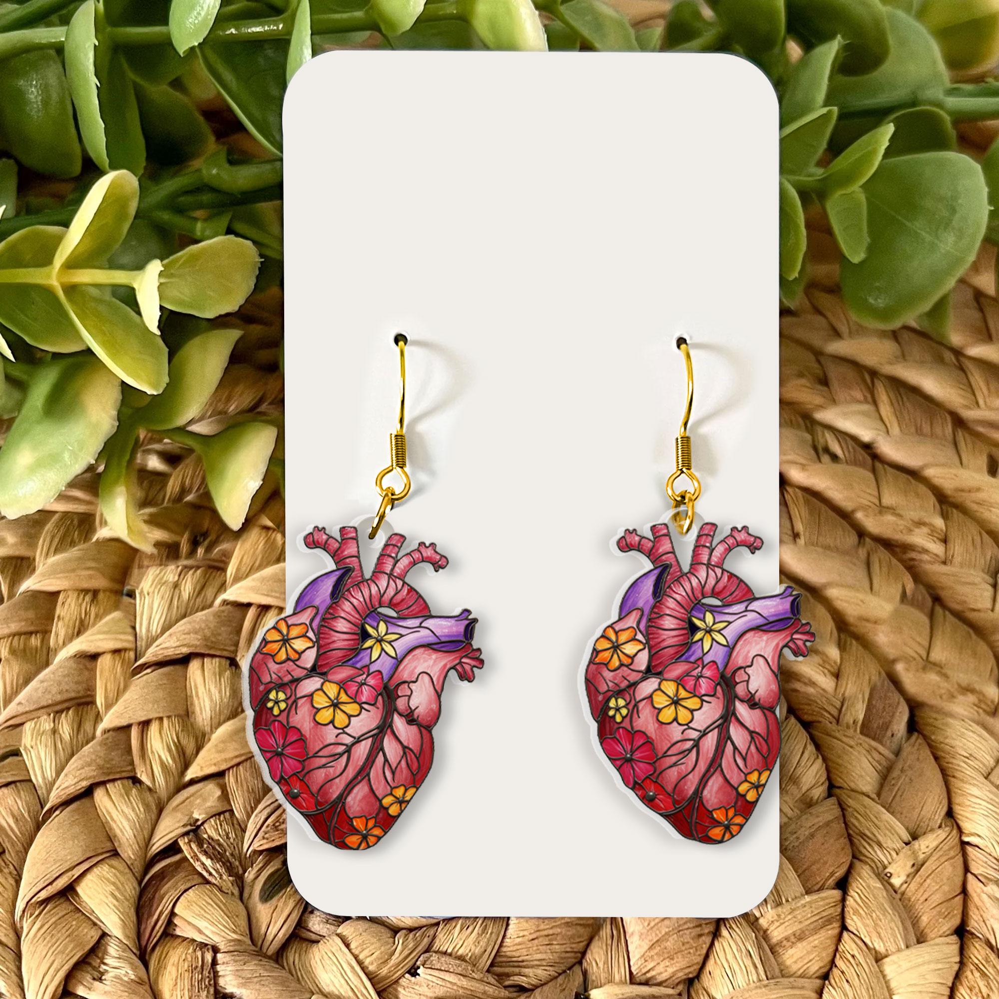 Anatomical Heart Earrings with Colorful Flowers, Whimsical Floral Human Heart Dangles, Unique Statement Acrylic Jewelry Gift for Her Nurse