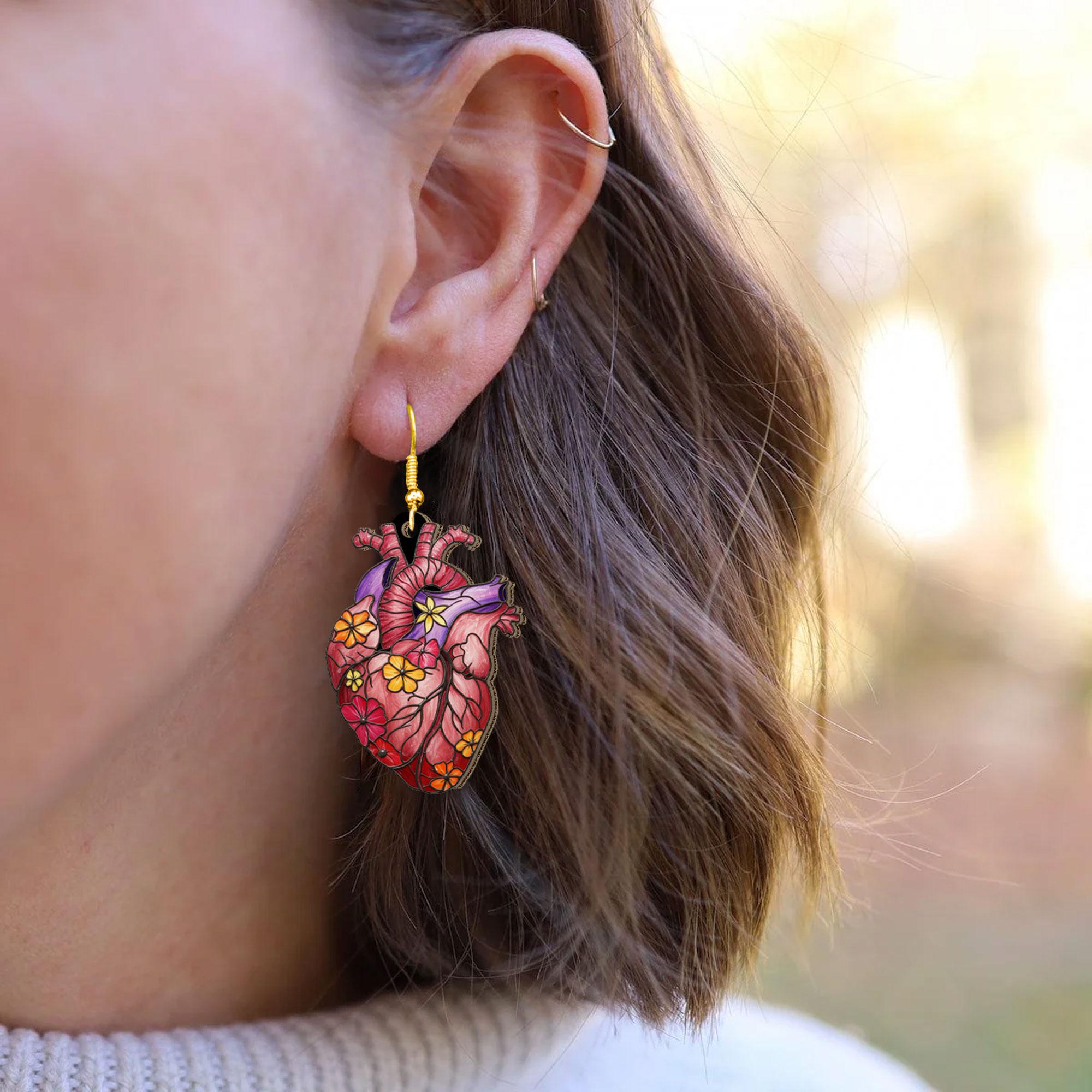 Anatomical Heart Earrings with Colorful Flowers, Whimsical Floral Human Heart Dangles, Unique Statement Acrylic Jewelry Gift for Her Nurse