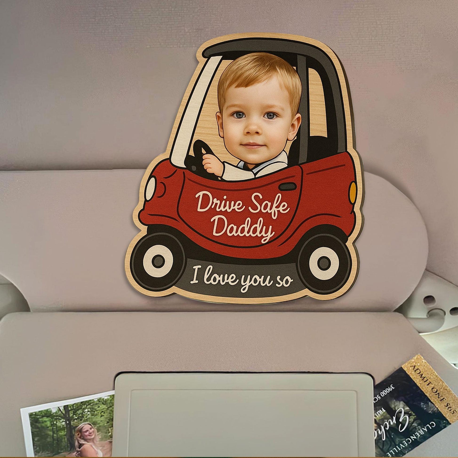 Custom Photo Car Visor Clip for Dad, Personalized Drive Safe Daddy I Love You Reminder, Wooden Car Accessory, Father's Day Gift Idea