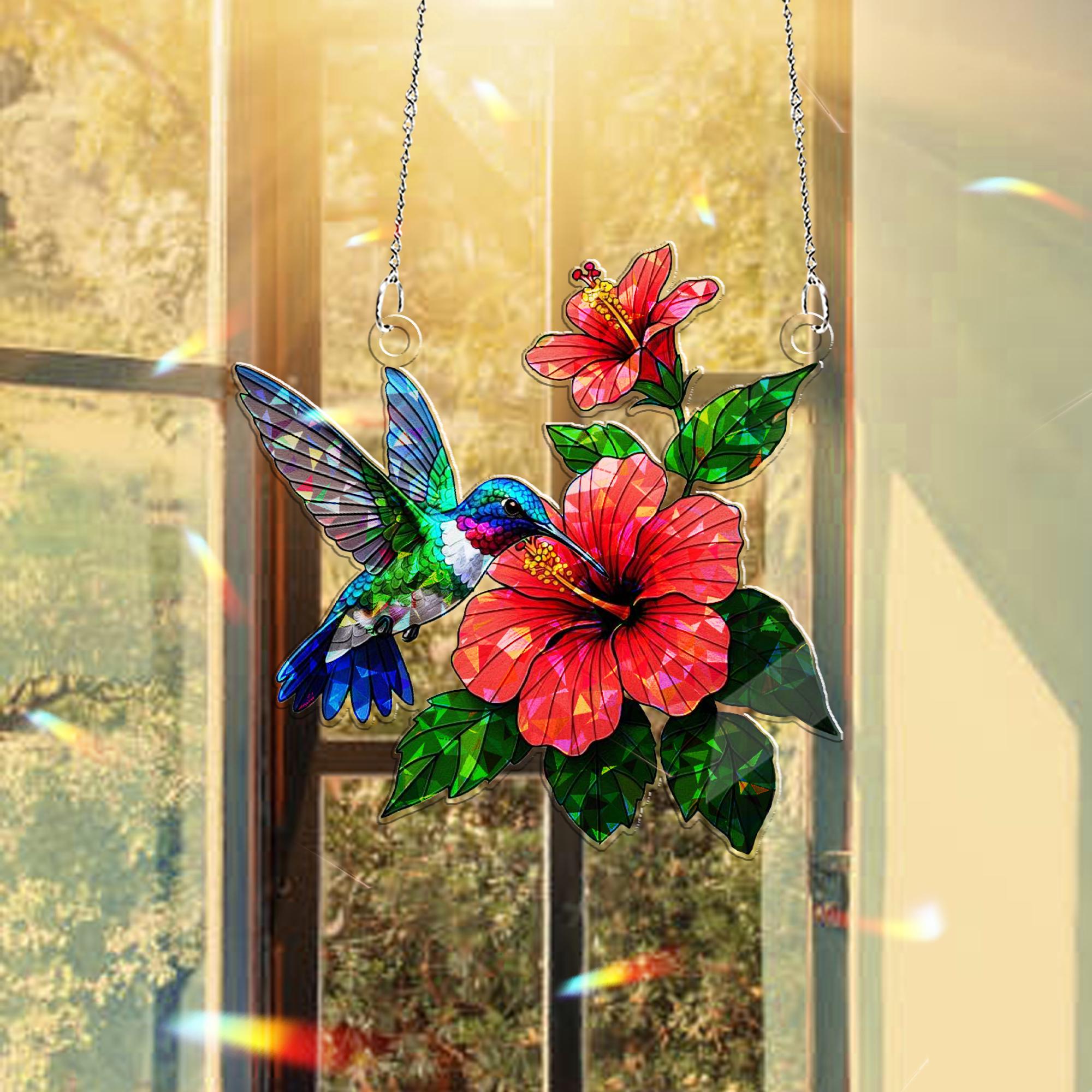 Hummingbird with Hibiscus Hologram Acrylic Window Hanging – Tropical Bird Decor – Animal Lover Gift – Mother’s Day Gift Idea