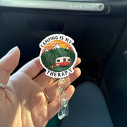 Camping is My Therapy Badge Reel | Cute Camper RV Mountain Retractable ID Holder | Nurse Gift | Teacher Gift | Outdoor Lover Accessory