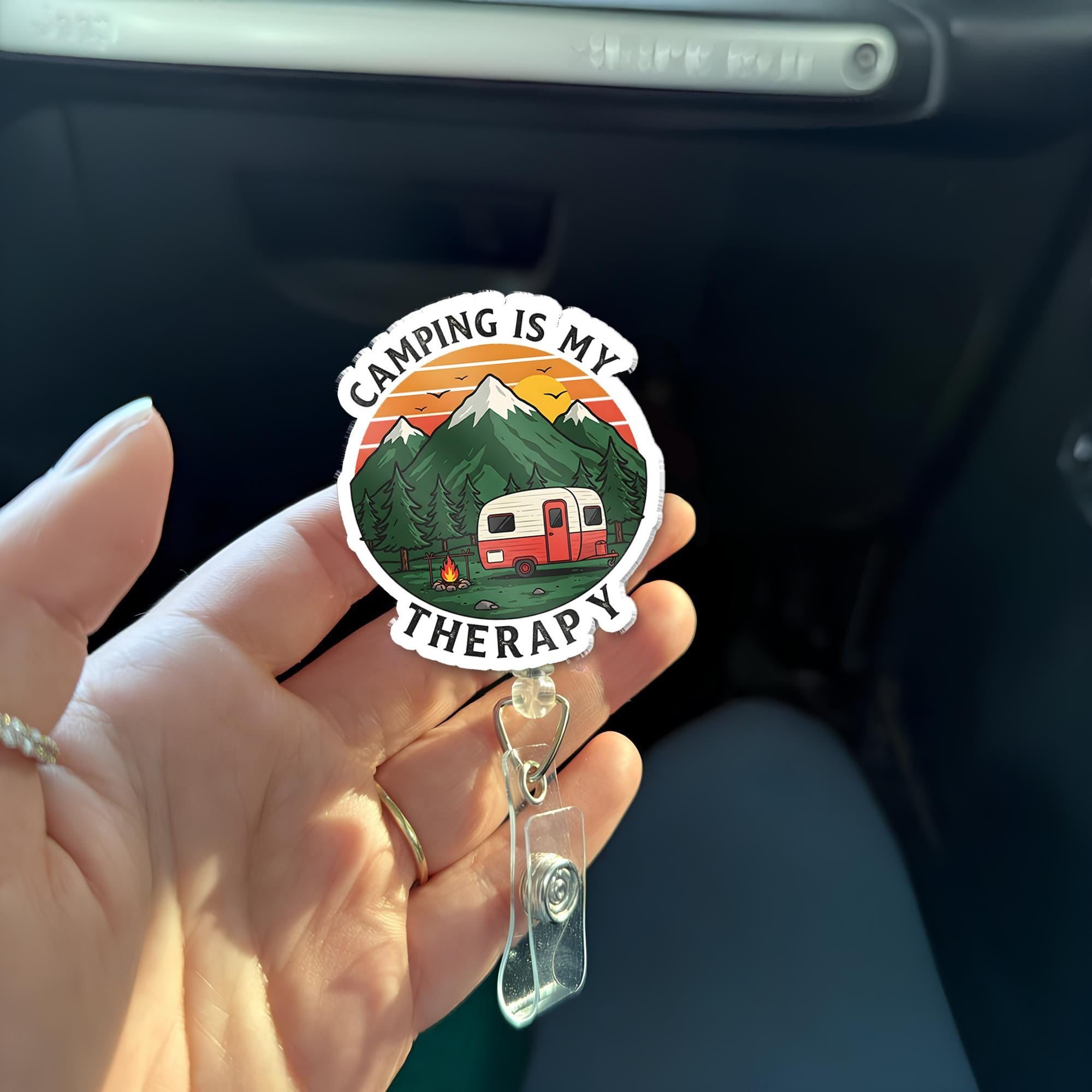 Camping is My Therapy Badge Reel | Cute Camper RV Mountain Retractable ID Holder | Nurse Gift | Teacher Gift | Outdoor Lover Accessory