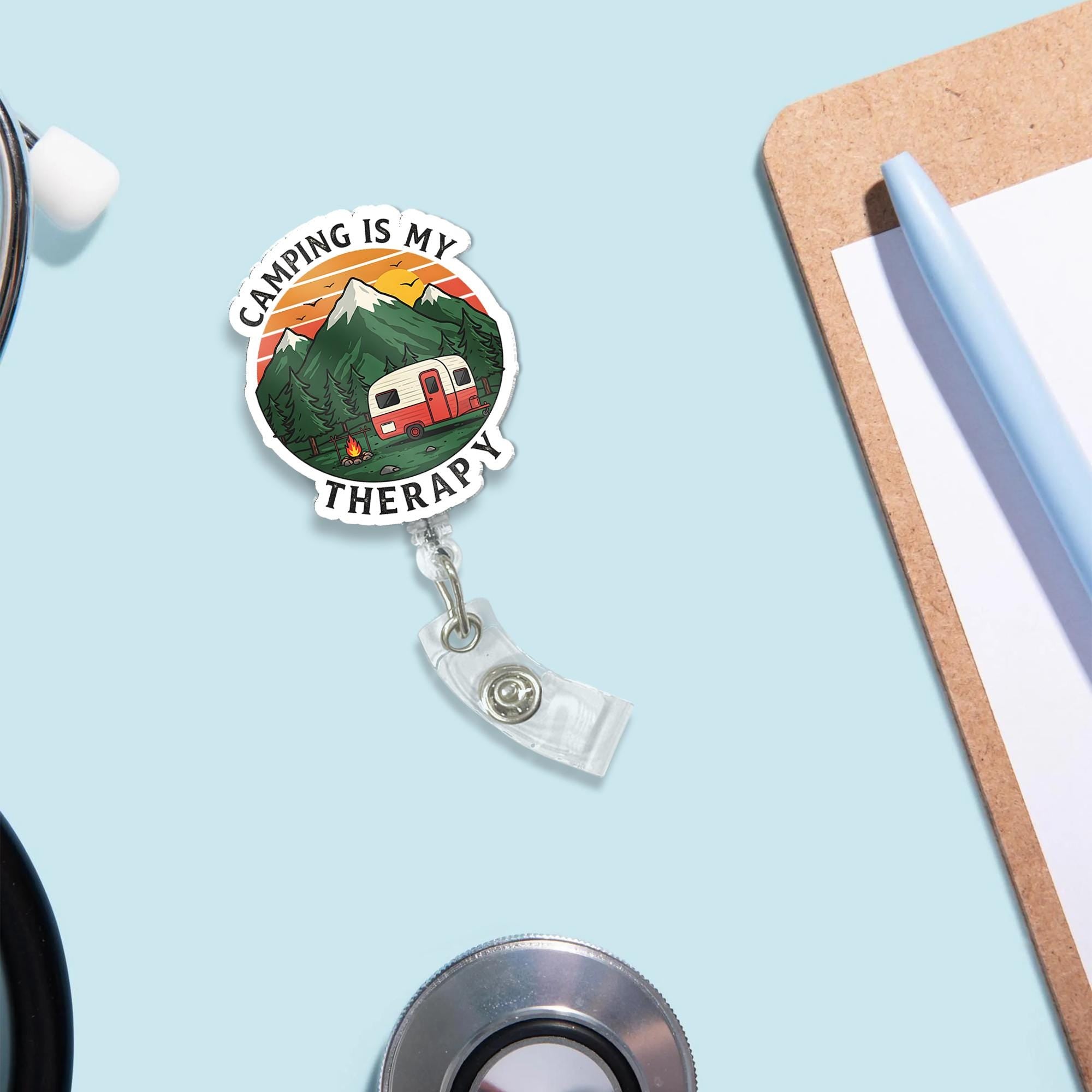 Camping is My Therapy Badge Reel | Cute Camper RV Mountain Retractable ID Holder | Nurse Gift | Teacher Gift | Outdoor Lover Accessory