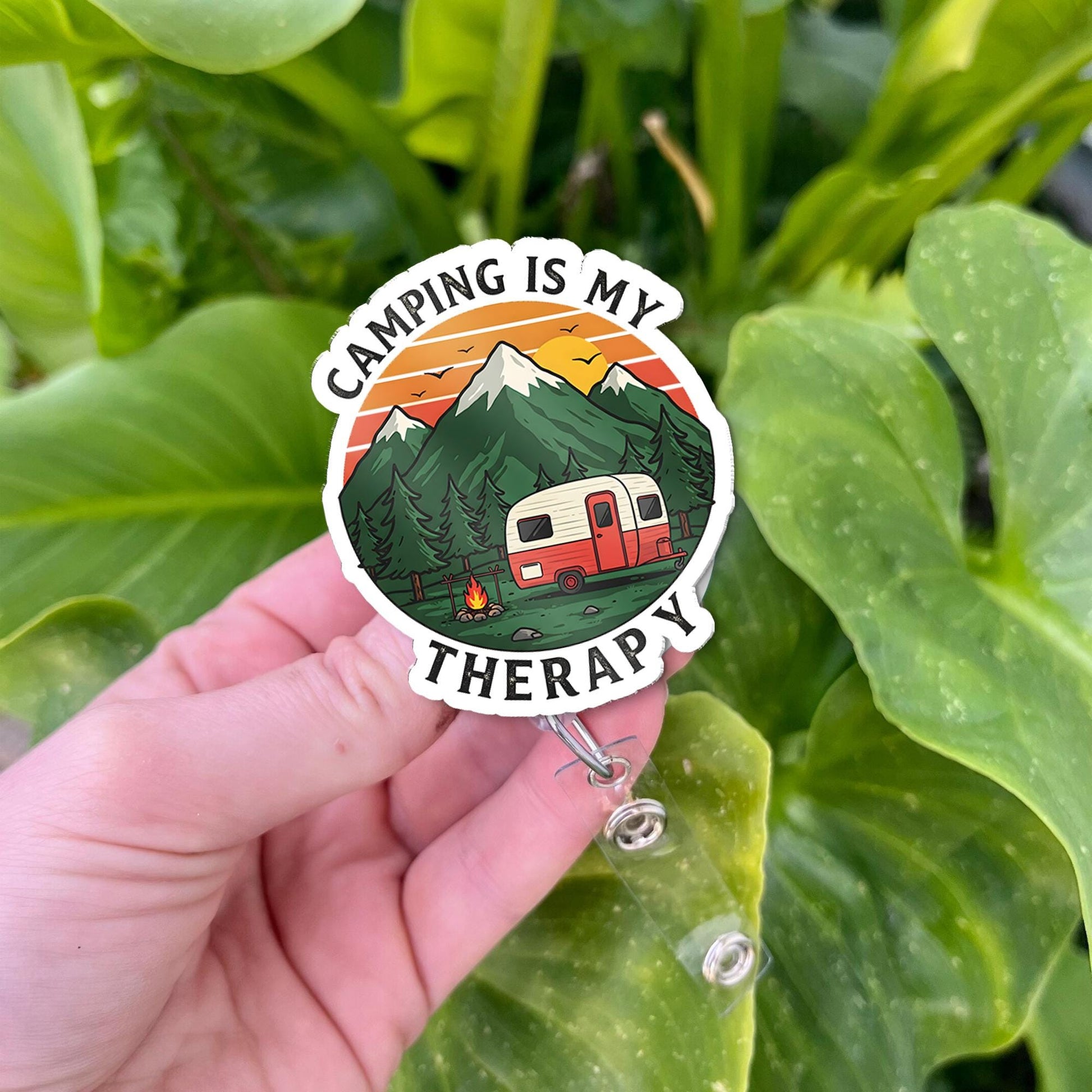 Camping is My Therapy Badge Reel | Cute Camper RV Mountain Retractable ID Holder | Nurse Gift | Teacher Gift | Outdoor Lover Accessory