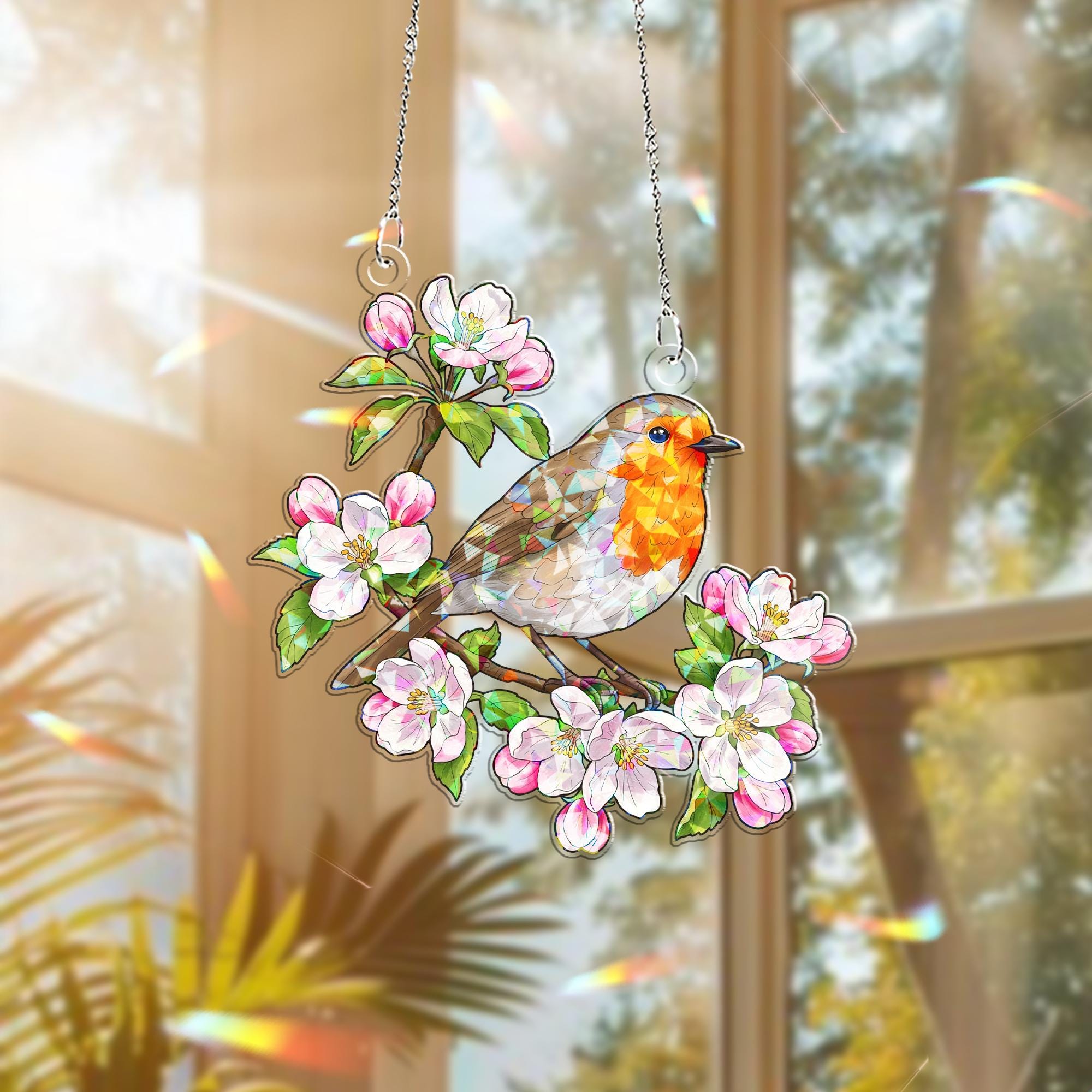 Robin & Apple Blossoms Hologram Acrylic Window Hanging – Spring Bird Decor – Mother’s Day Gift – Flower Lover Window Art
