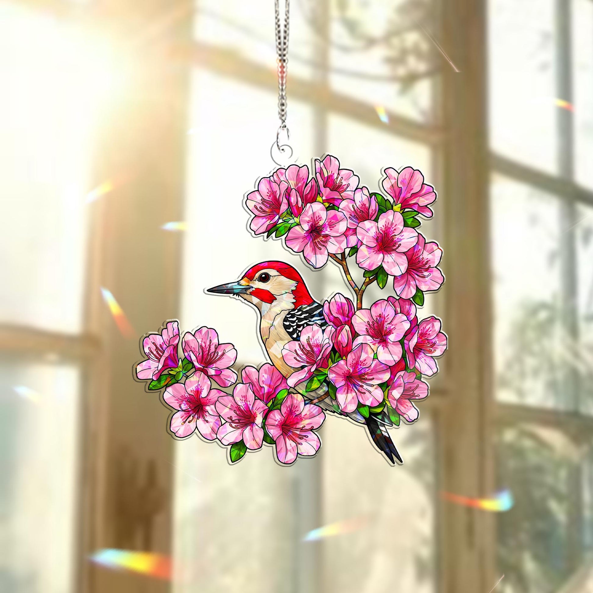 Woodpecker & Azalea Hologram Acrylic Window Hanging – Floral Bird Decor – Mother’s Day Gift – Flower Lover Window Art