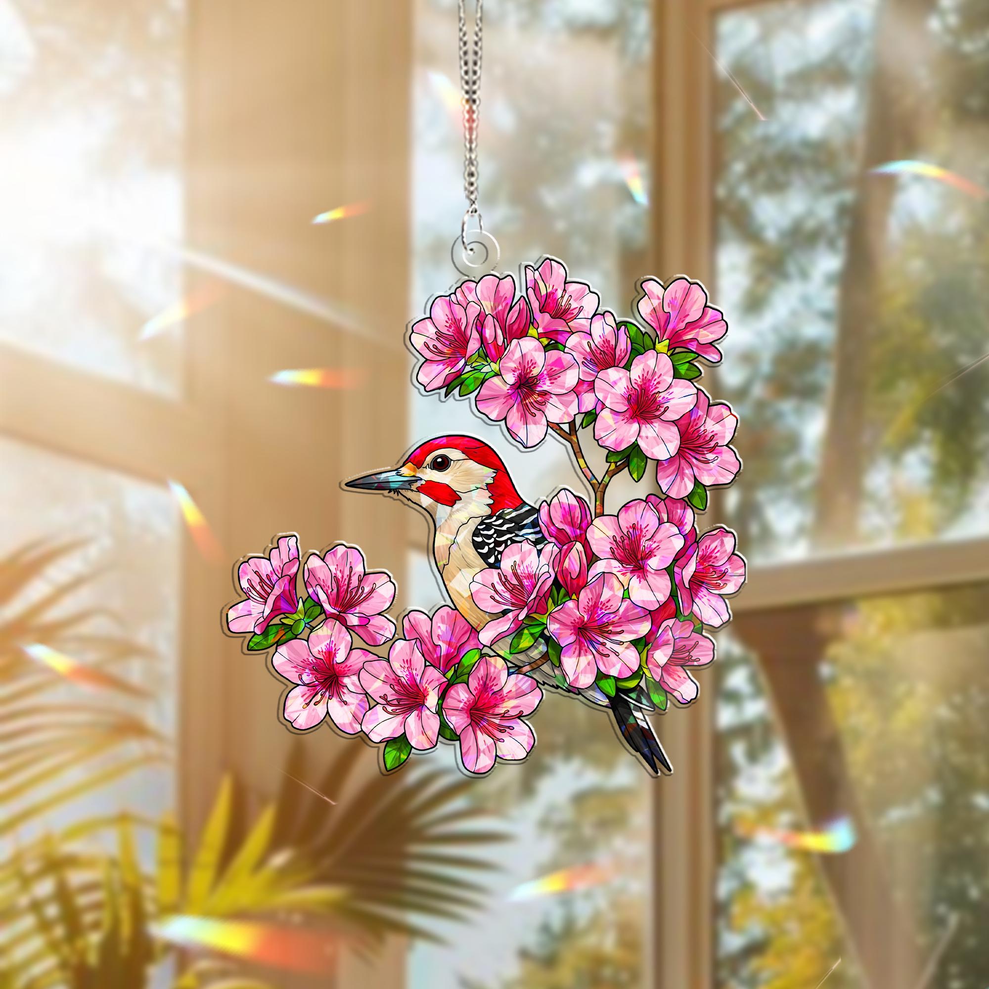 Woodpecker & Azalea Hologram Acrylic Window Hanging – Floral Bird Decor – Mother’s Day Gift – Flower Lover Window Art