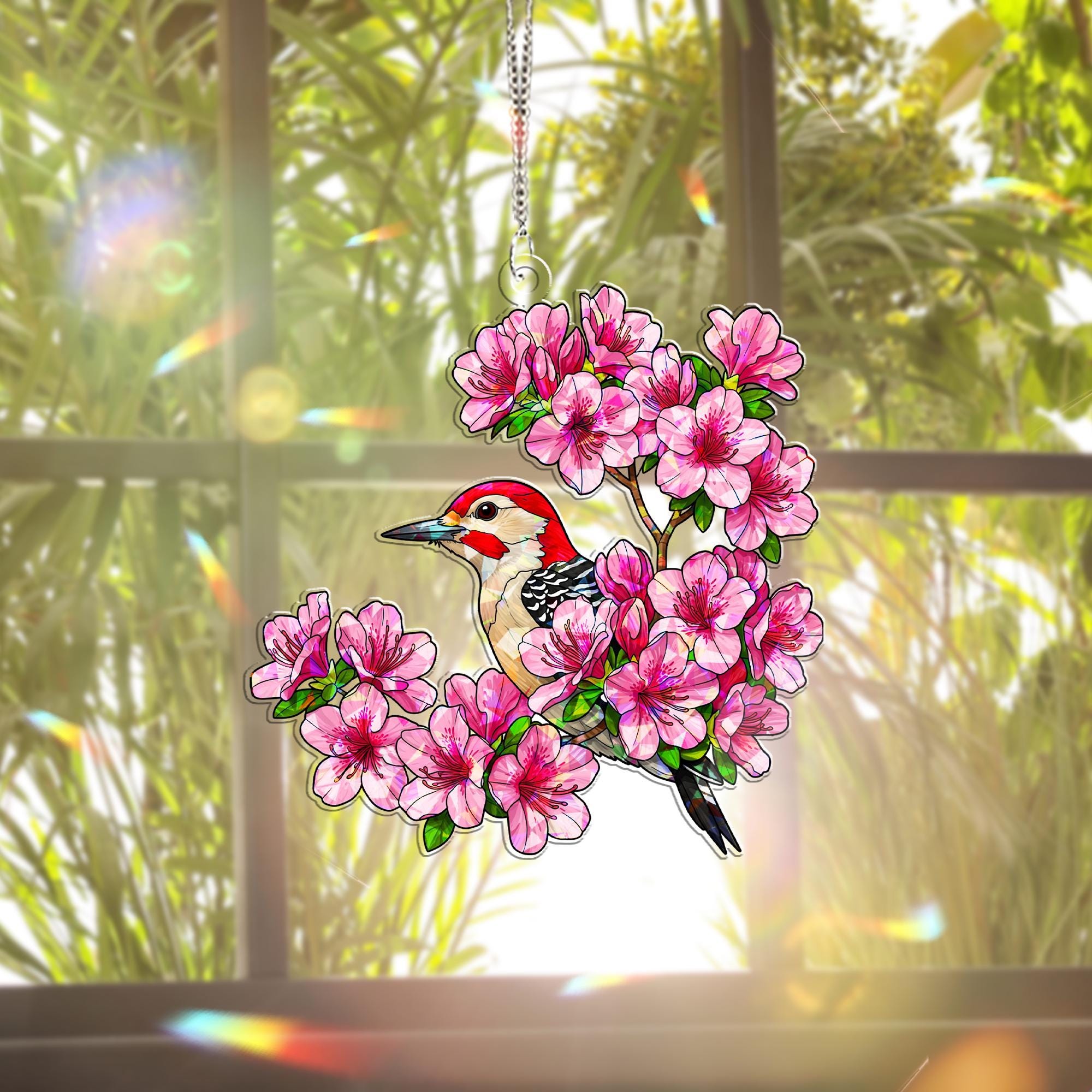 Woodpecker & Azalea Hologram Acrylic Window Hanging – Floral Bird Decor – Mother’s Day Gift – Flower Lover Window Art