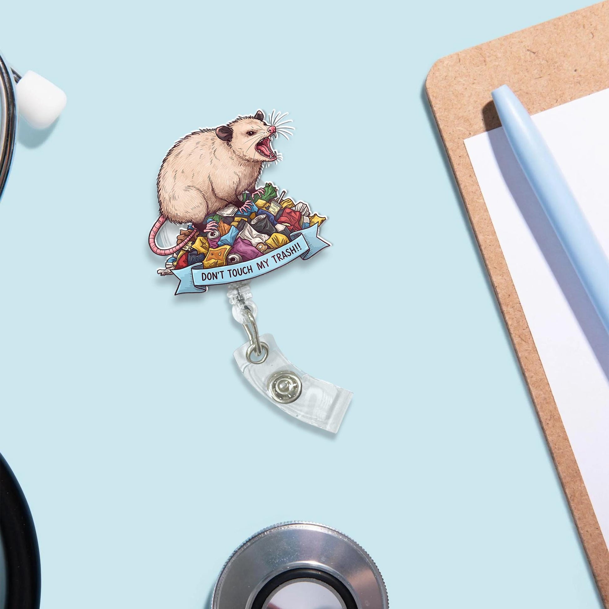 Don't Touch My Trash Possum Badge Reel, Funny Hissing Opossum Retractable ID Holder Clip, Nurse Gift RN Medical Staff Teacher Office Humor