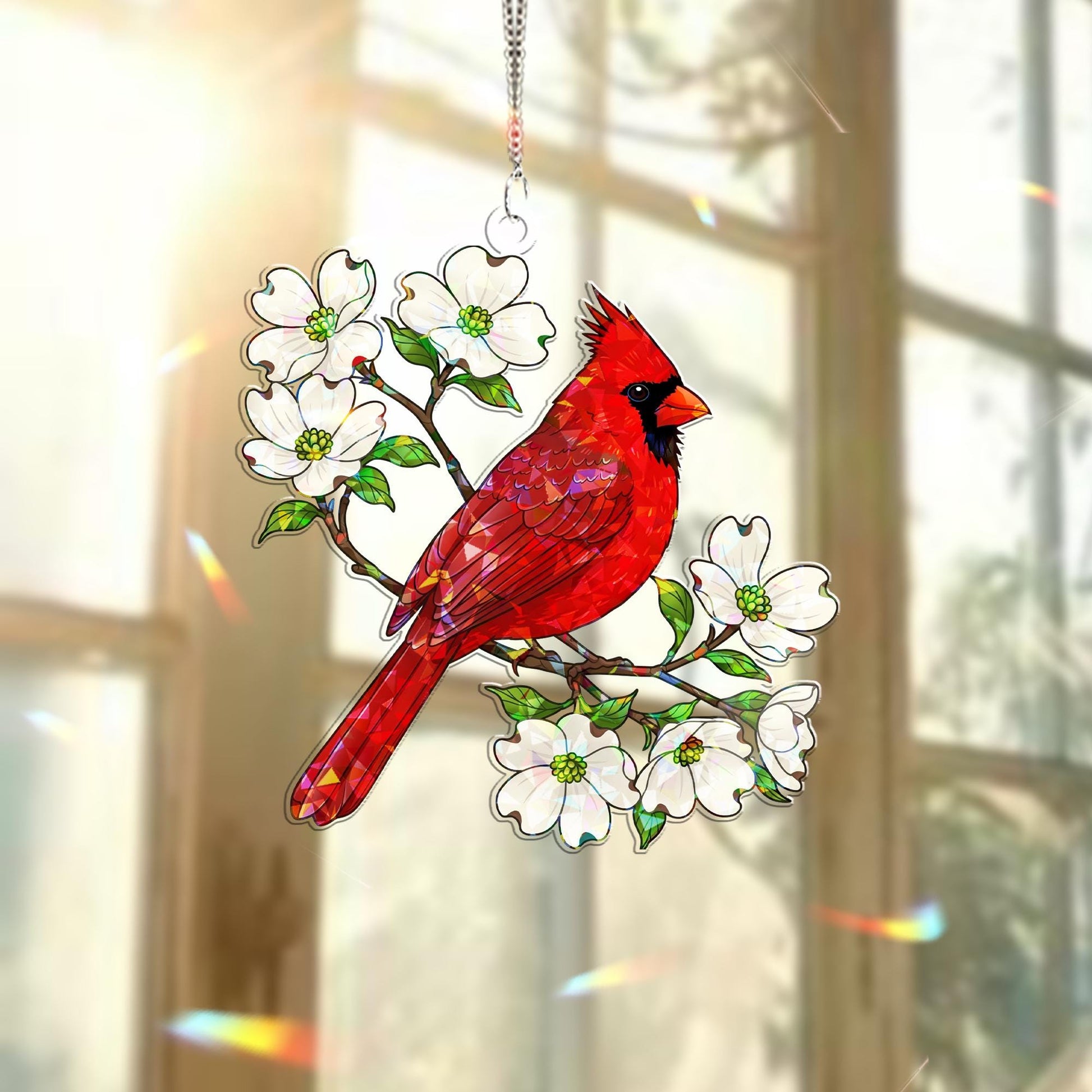 Cardinal & Dogwood Hologram Acrylic Window Hanging – Red Bird Floral Decor – Mother’s Day Gift – Flower Lover Window Art