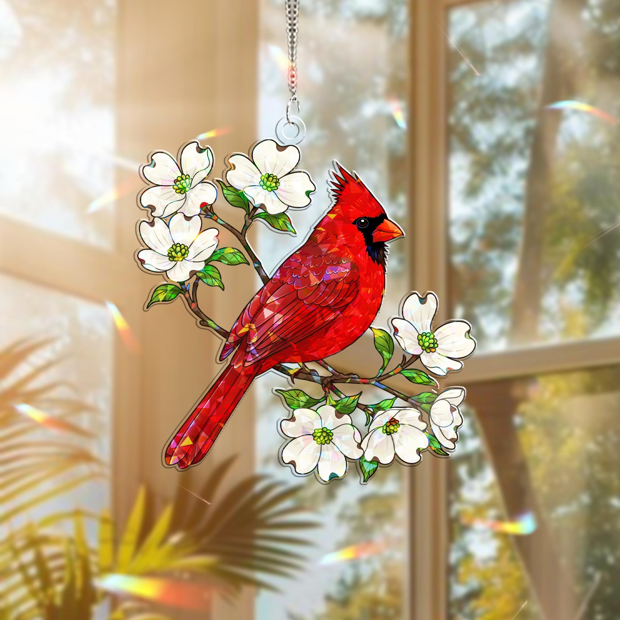 Cardinal & Dogwood Hologram Acrylic Window Hanging – Red Bird Floral Decor – Mother’s Day Gift – Flower Lover Window Art