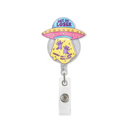 Get In Loser Raccoon UFO Badge Reel, Trouble Ain't Gonna Make Itself Funny Retractable ID Holder, Cute Alien Abduction SciFi Nurse Gift